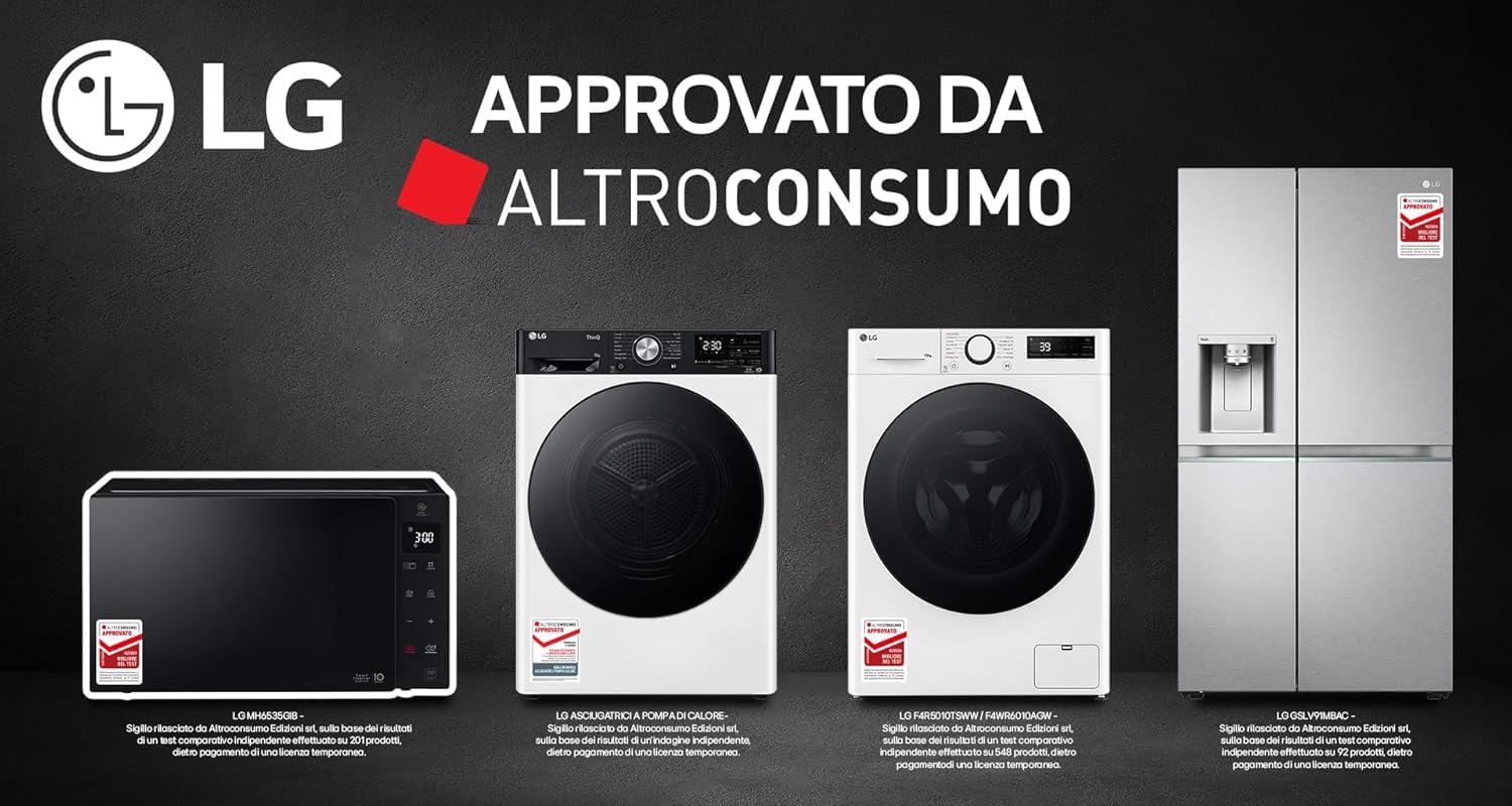 LG AI DD F4WR6010AGW Lavatrice 10 kg Serie R5, Carica Frontale, Classe A-10%, 1400 giri, TurboWash 360, Lavaggio a vapore, Motore Direct Drive, Smart Diagnosis, Libera installazione, Bianca