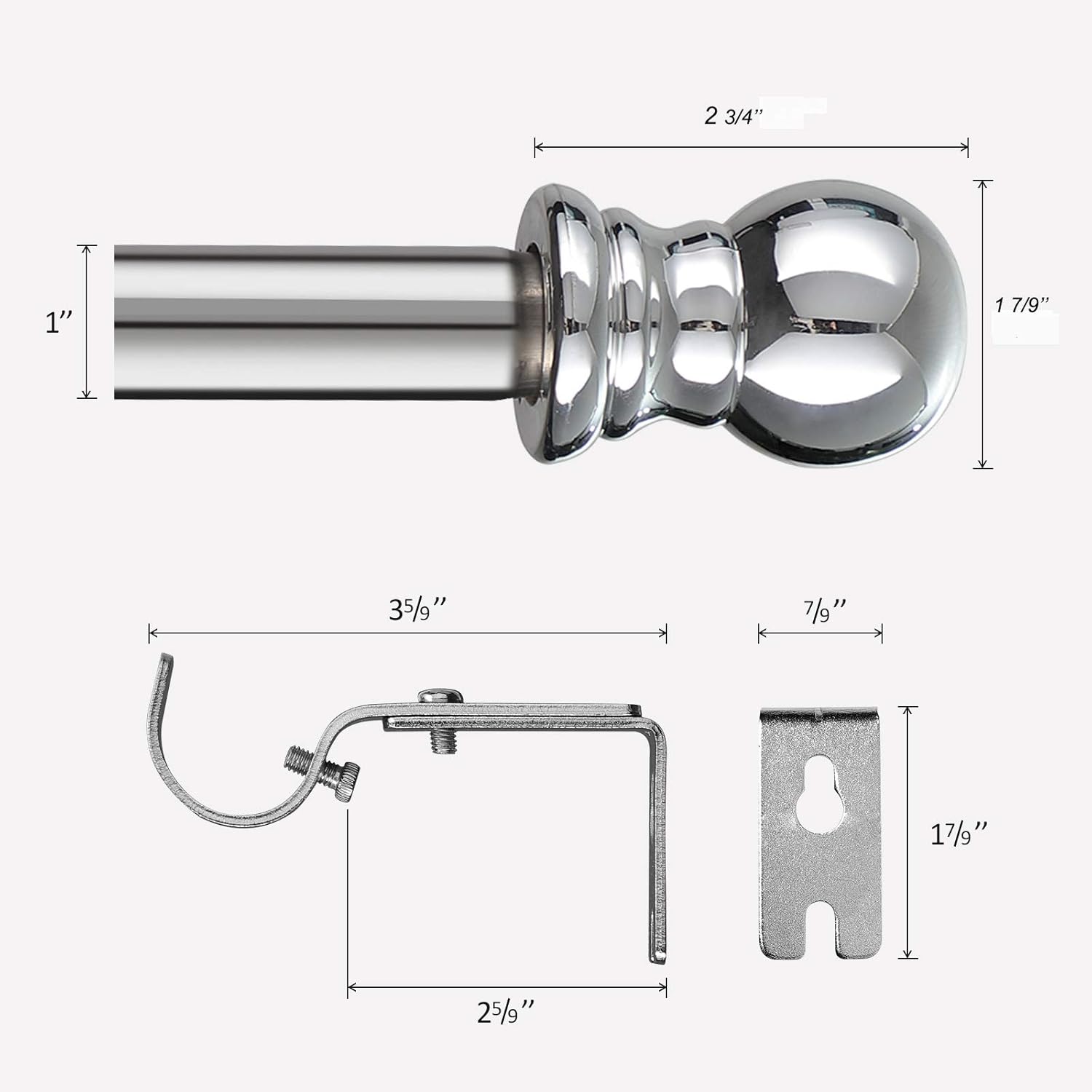 Wefaith Single Curtain Rods - 1’’diameter curtain pole for Windows 44-57’’Heavy-Duty Adjustable Window Rod with Brackets and Classic Round Finials for Bedroom Kitchen Silver : Home & Kitchen