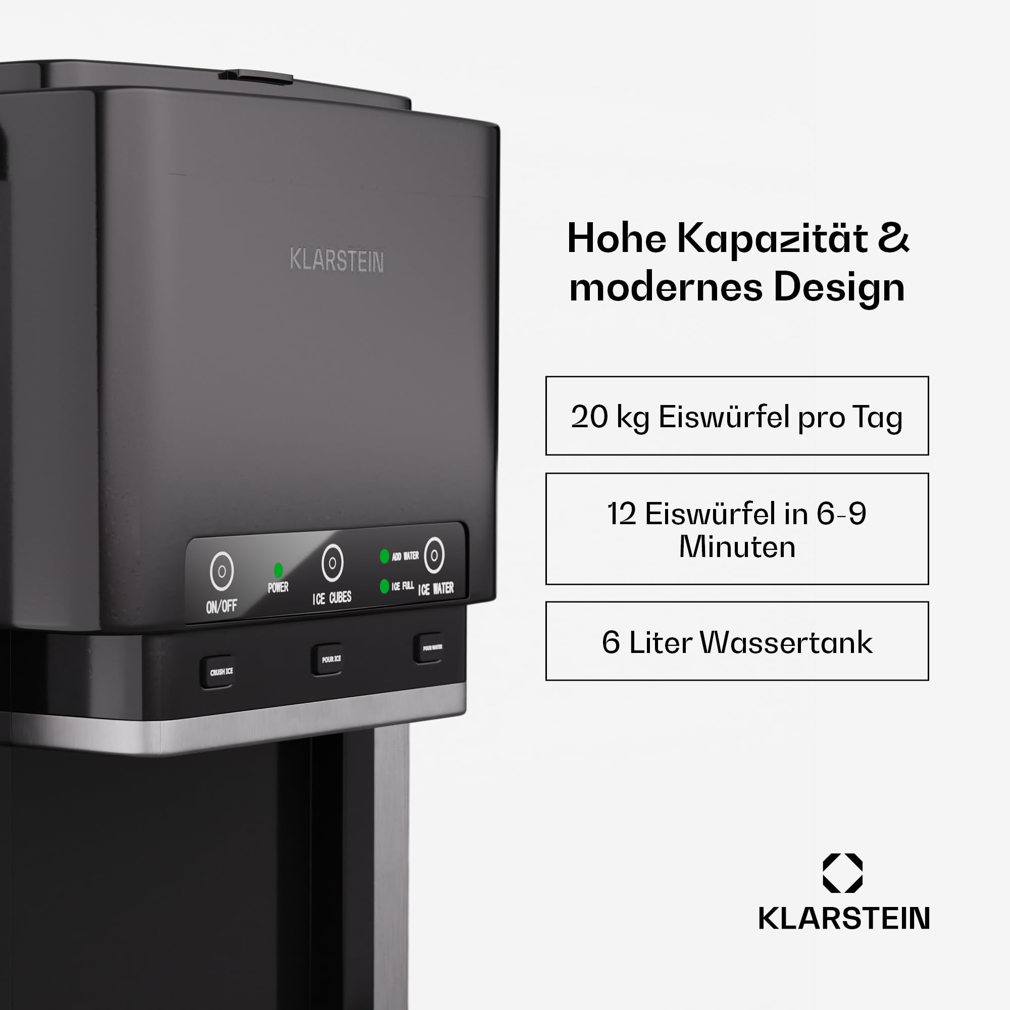 Klarstein ArcticBlend 3in1-Eiswürfelmaschine – 20 kg/24 h, Kugeleis & Crushed Ice, Wasserspender, 6-Liter-Wassertank, Edelstahl, Eiswürfelbereiter, Ice Maker, Schwarz