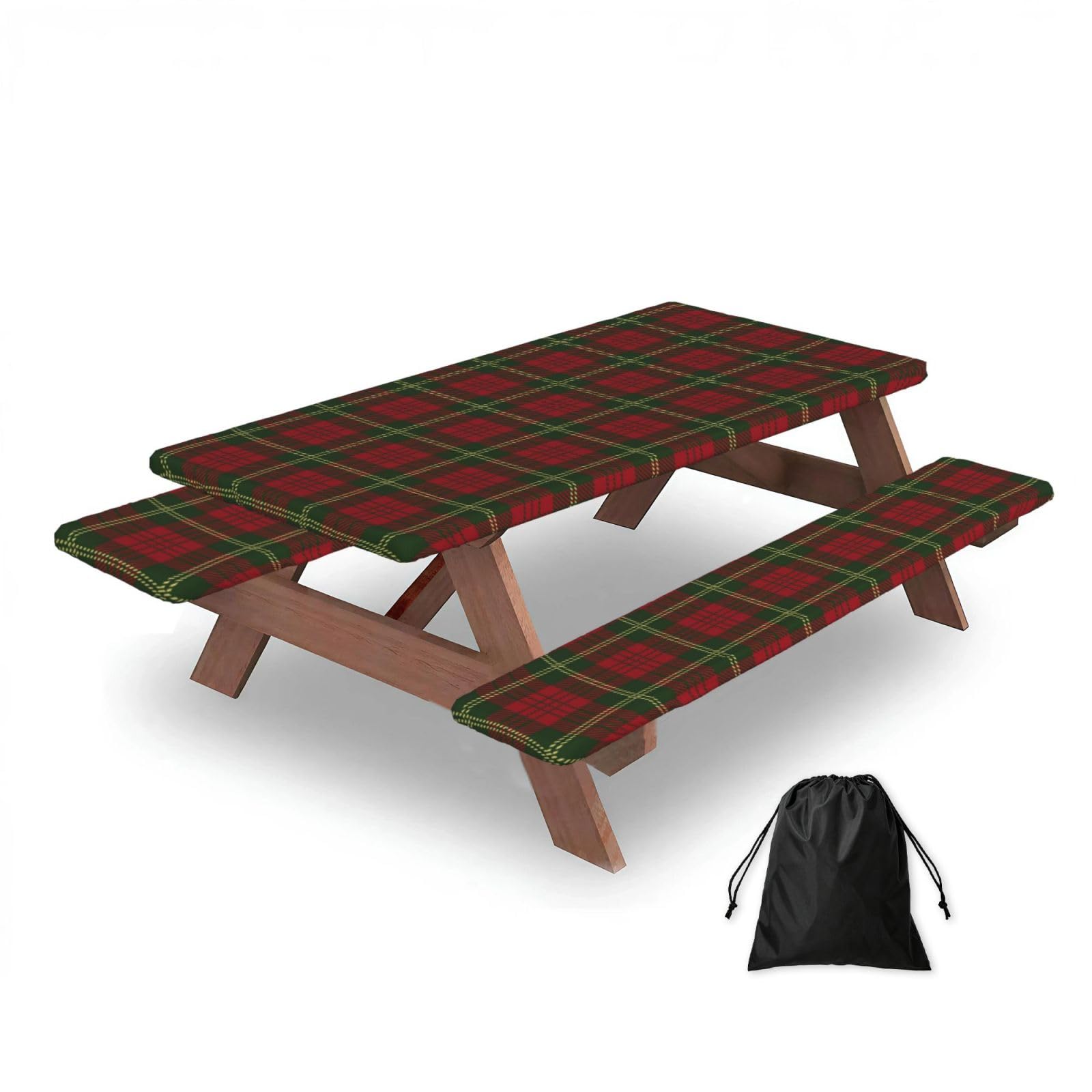 Christmas Plaid, Picnic Table Cover With Bench Covers -Waterproof Elastic Fitted Tablecloth for Garden Camping Patio 76x152cm