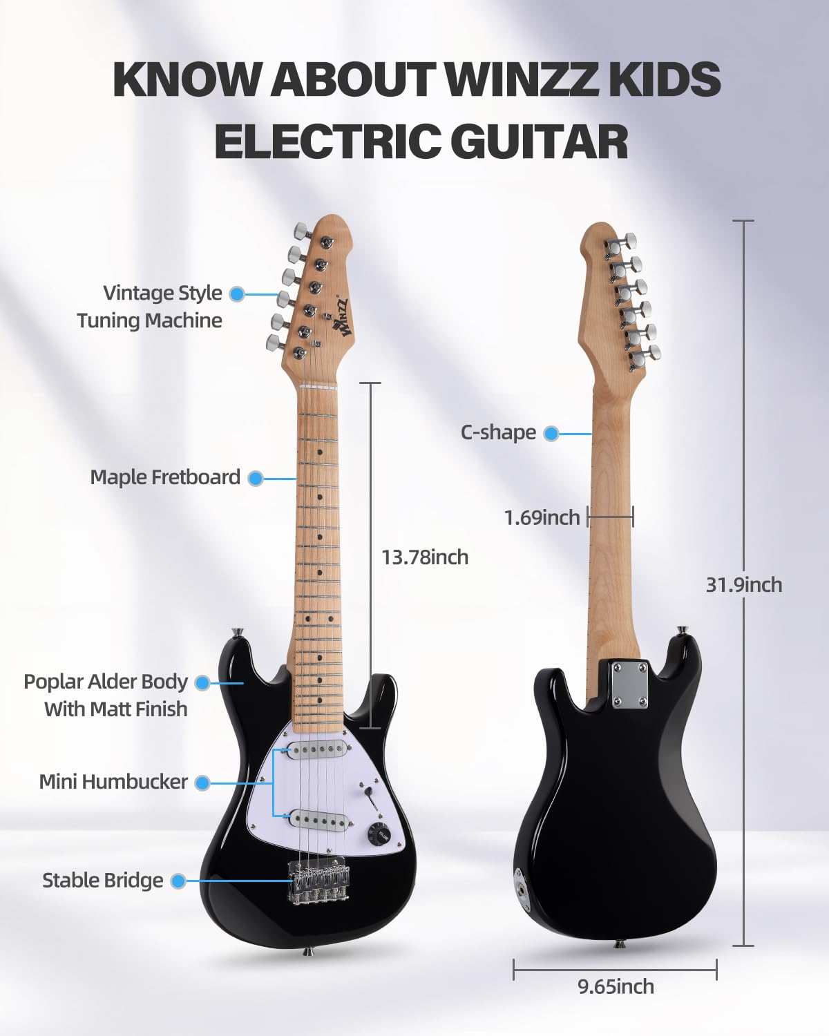 Winzz - 30-calowy zestaw do gitary elektrycznej dla dzieci dla początkujących mini gitara elektryczna rozmiar 1/4 dla dzieci, kompletny zestaw startowy ze wzmacniaczem, jasny czarny