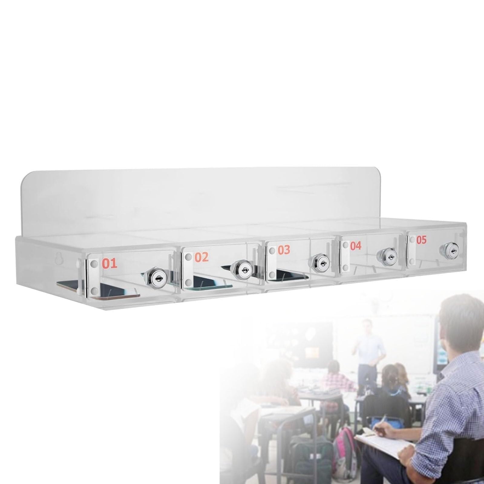 Caja de acrílico para teléfono móvil de pared con 5 compartimentos seguros para oficinas