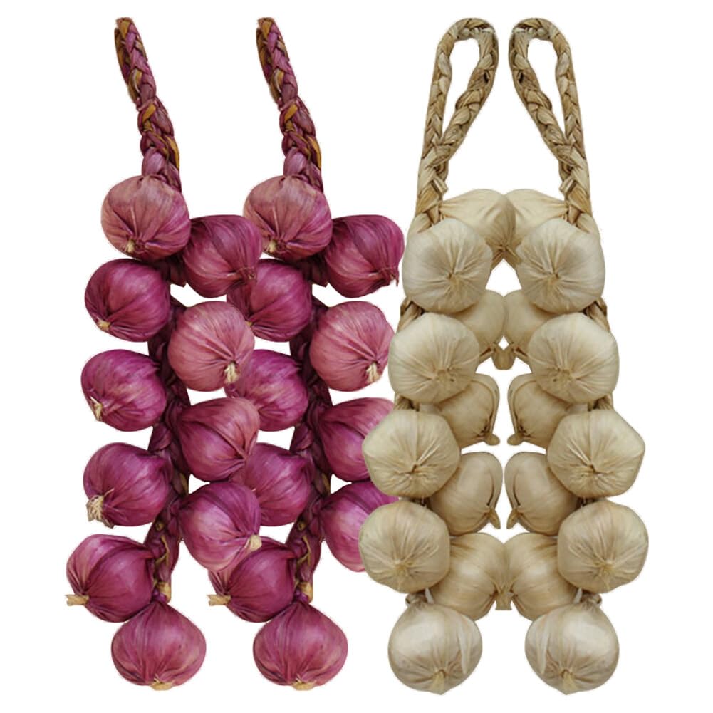 EUBUY Artificial Garlic Strings, 2 Pack White & 2 Pack Purple, Realistic, Lifelike, Kitchen Garden Indoor Decor