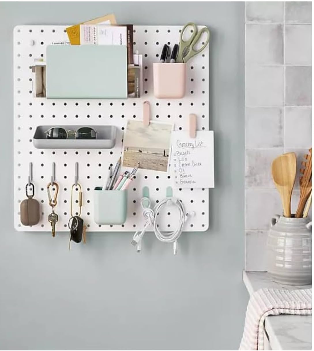 Wall Mounted Pegboard Organizer Set, 12 Pieces with Storage Bins and Hooks, White