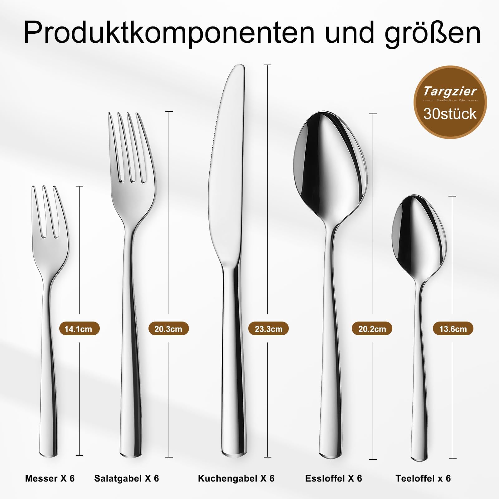 Juego de cubiertos para 6 personas, 30 piezas de acero inoxidable, juego de cubertería plateado, elegante acero inoxidable con cuchillo, tenedor, cuchara y apto para lavavajillas