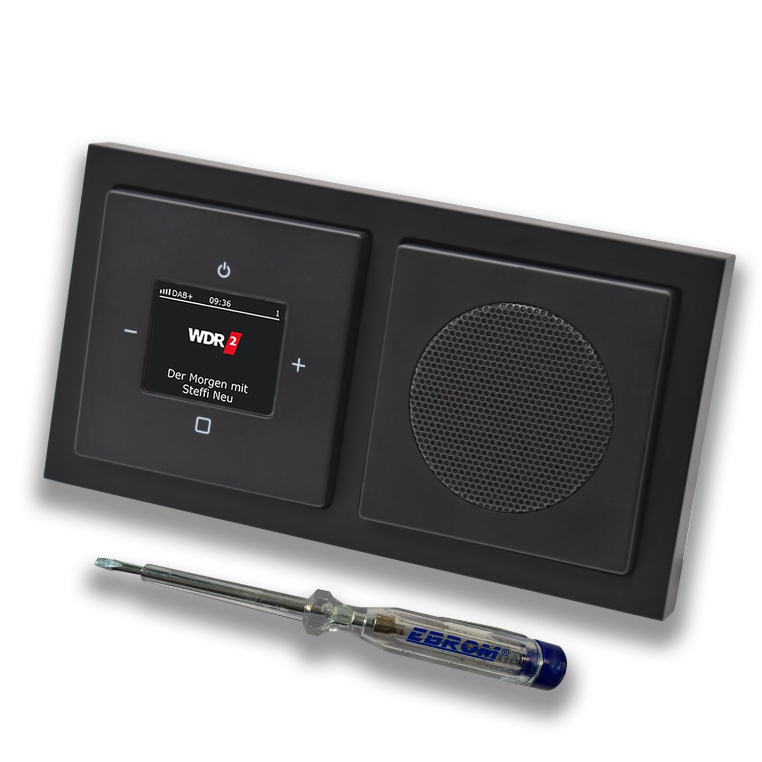 Busch Jäger DAB+ (DAB PLUS) Unterputz Radio 8215U-101 Future SCHWARZ MATT, Komplett-Set mit Lautsprecher, Abdeckungen, Rahmen + EBROM Phasenprüfer zur Montage d. Geräte - 8215 U – 101
