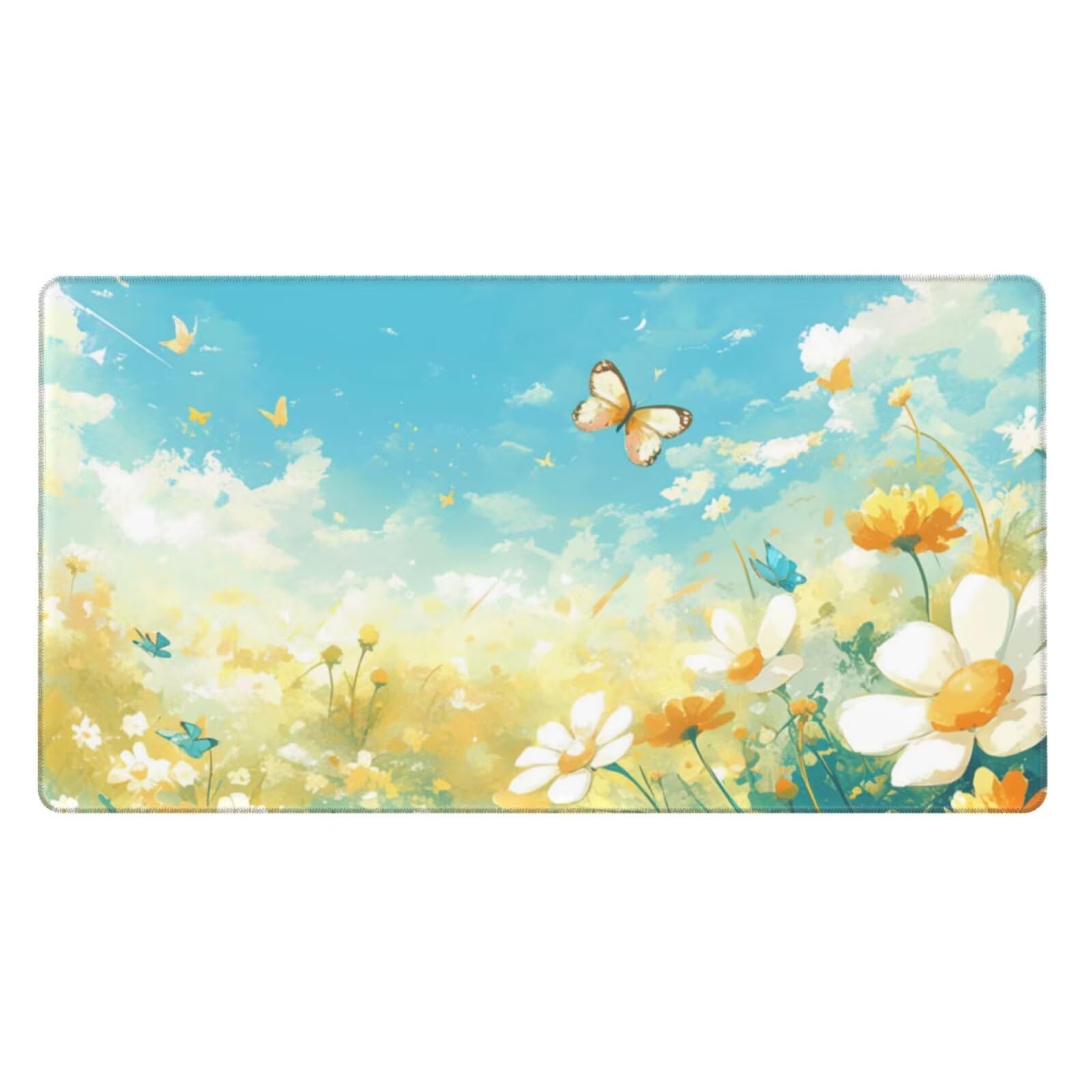 Gaming Mauspad XXL 1200x600x3mm Mousepad Verlängertes Groß Mauspad Schreibtischauflage, Genähte Kanten rutschfeste Gummibasis, Verbessert Präzision Geschwindigkeit Weißer Blumenschmetterling L-2684