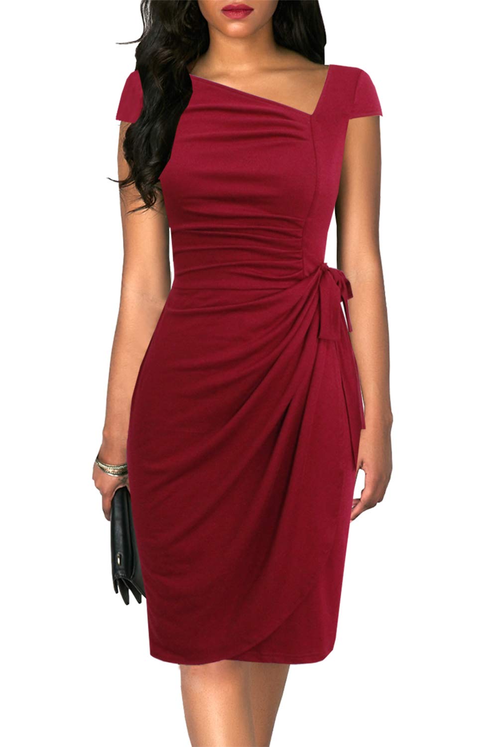 Women's Vintage Cap Sleeves Asymmetrical Neckline Sheath Bodycon Casual Work Cocktail Party Pencil Faux Wrap Dresses