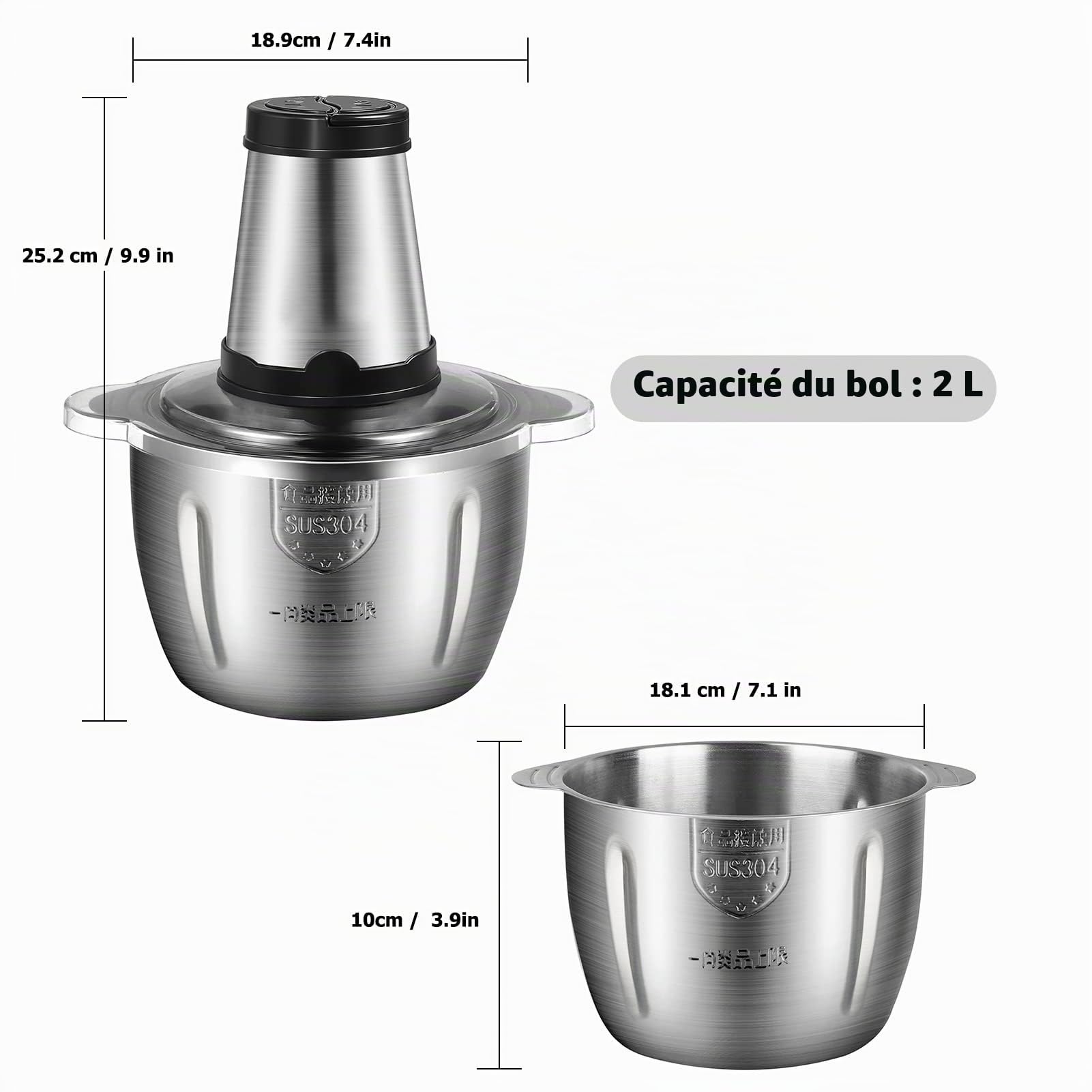 Kavolet Hachoir électrique en acier inoxydable 2L, 2 vitesses, 4 lames, pour viande, fruits, légumes, fruits secs, fromage