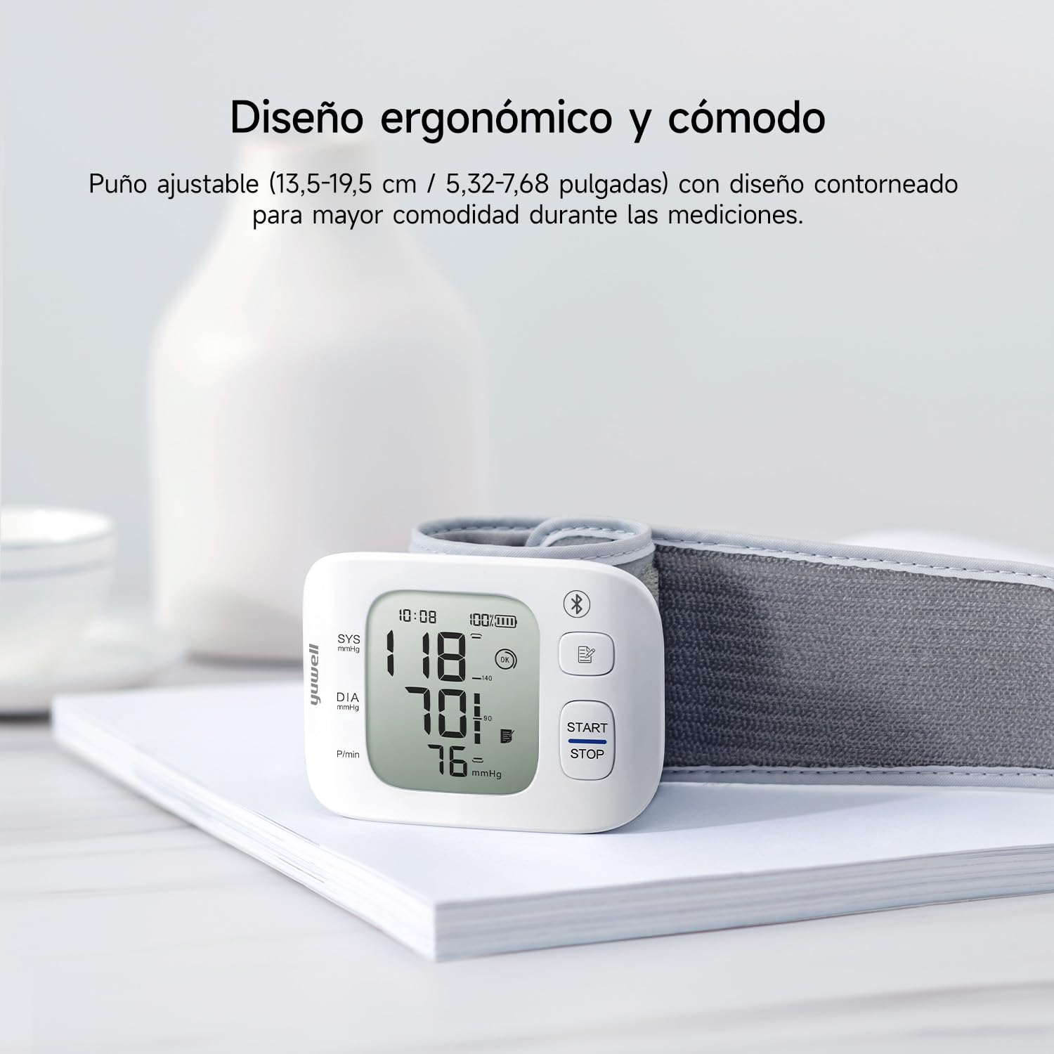 yuwell Tensiómetro de Muñeca Inteligente, con Conexión Bluetooth, Esfigmomanómetro Electrónico con Sensor de Irregularidad del Ritmo Cardíaco, Batería Recargable (YE8800AR)