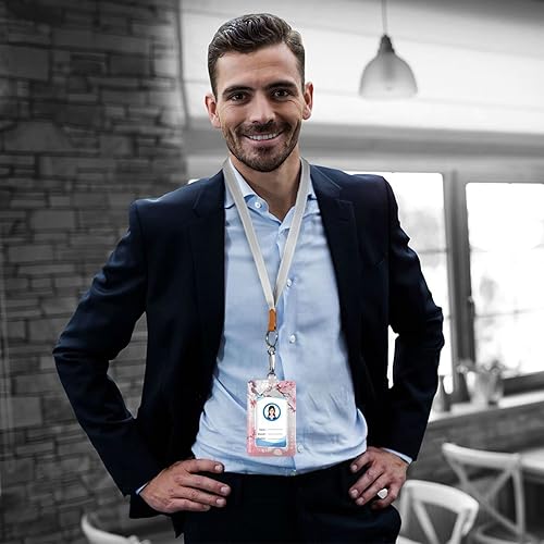 Miniatura 6 de Kigai Soporte para tarjetas de identificación de flor de cerezo con cordón para el cuello, soporte vertical de piel sintética suave con 1 ventana de