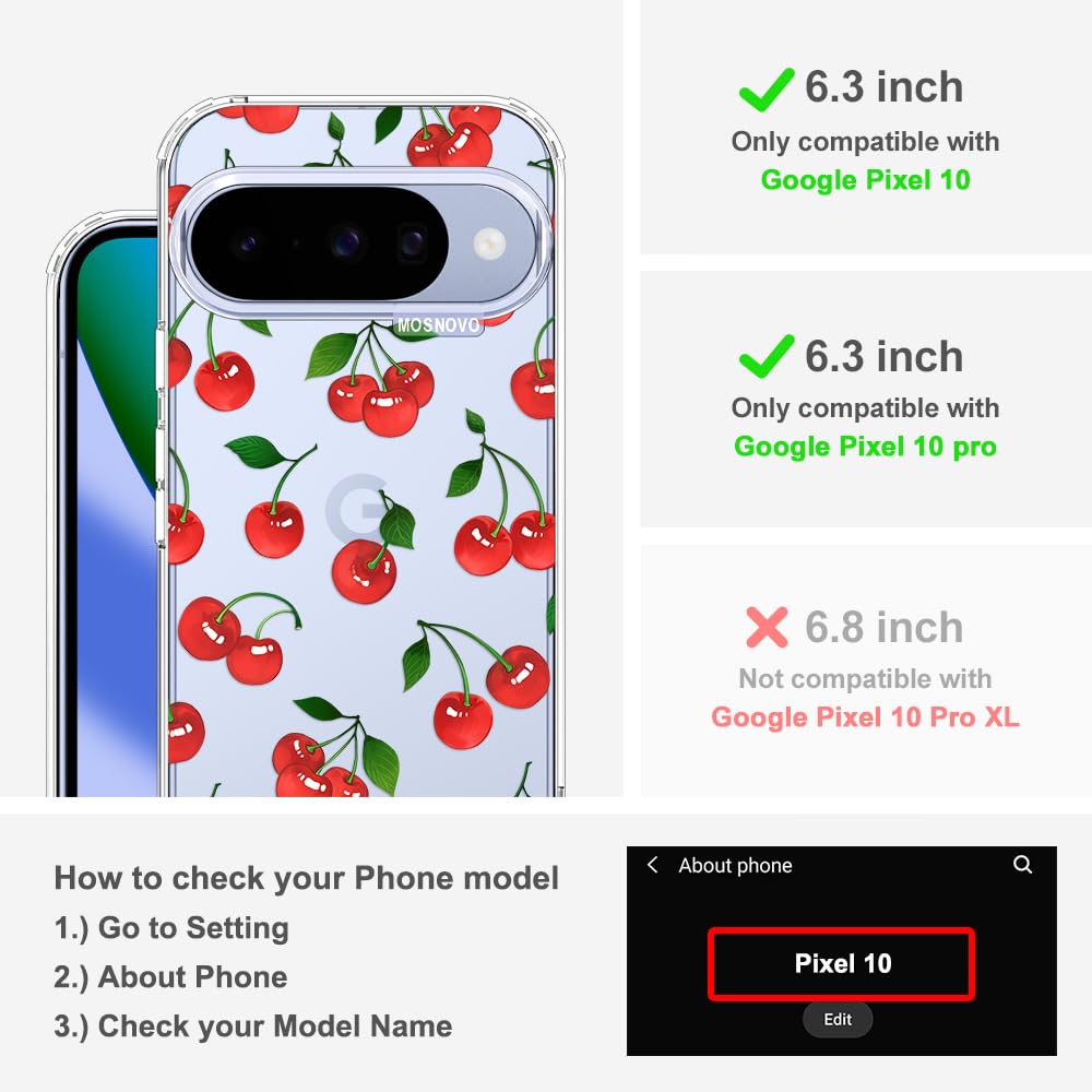 MOSNOVO Case for Google Pixel 10 & Pixel 10 Pro, [Buffertech 6.6ft Military-Grade Drop Protection] [Anti Peel Off Tech] Clear TPU Bumper Phone Case Cover Design - Cute Cherry - 2