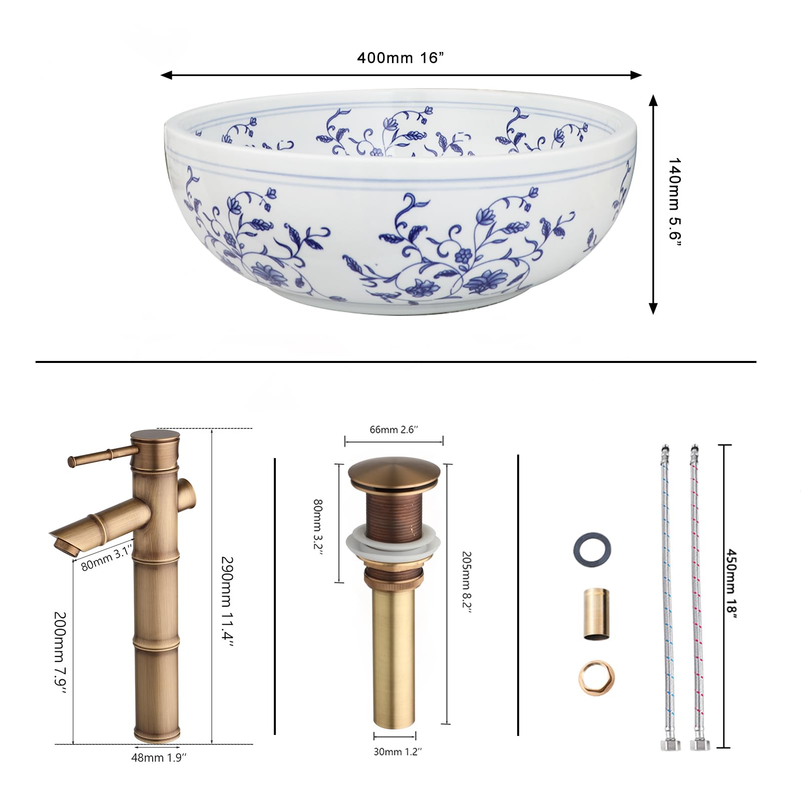 Fregadero de baño de 16 pulgadas, fregadero de cerámica azul y blanco, con grifo y drenaje, fregaderos combinados para tocador de baño sobre mostrador 2