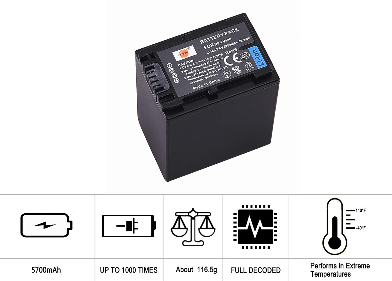 DSTE® 2 x NP-FV70 Batería recargable de litio-ión cargador DC04U para Sony DCR-SR15 SR21 SR68 SR88 SX15 SX21 SX44 SX45 SX63 SX65 SX83 SX85 FDR-AX100 HDR-CX105 CX110 CX115 CX130 CX150 CX155