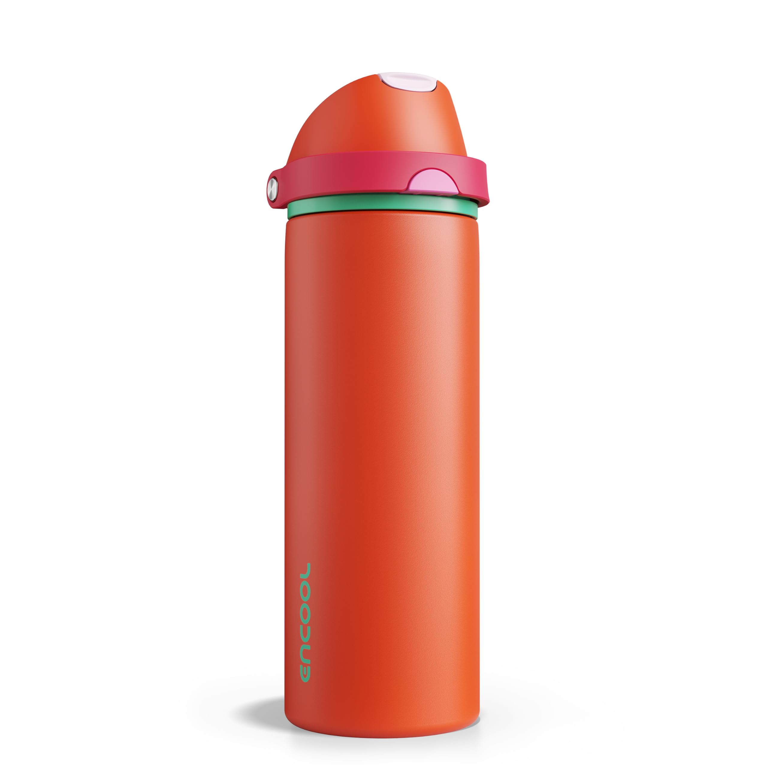 Insulated Water Bottle with Straw - Encool Stainless Steel Water Bottle with Push Button Lid, Leak-Proof &amp; BPA-Free, Keeps Cold for 24 Hours for Sports, Travel, Gym (24 oz, Grapefruit Red)