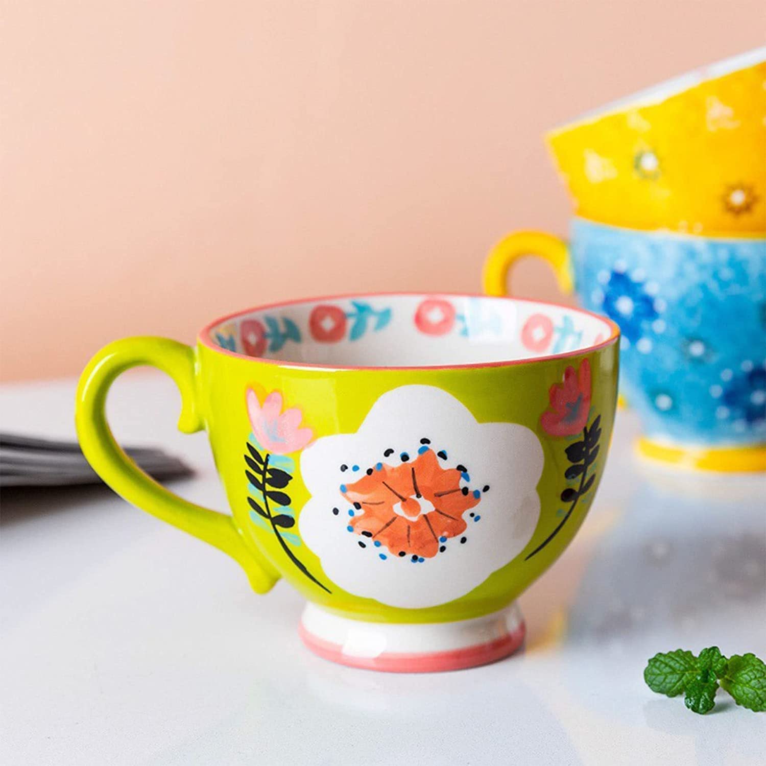Tasses, cadeaux d'anniversaire, cadeaux de Noël, grande tasse à café en céramique for petit-déjeuner avec poignée, tasse en porcelaine à motif floral, café, lait, céréales, dessert, petit-déjeuner, cu