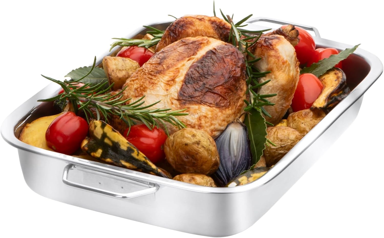 Stainless Steel Roasting Pan with Raised Bottom, 30cm Large Roaster & Baking Tray, Oven Safe, Reinforced Rim