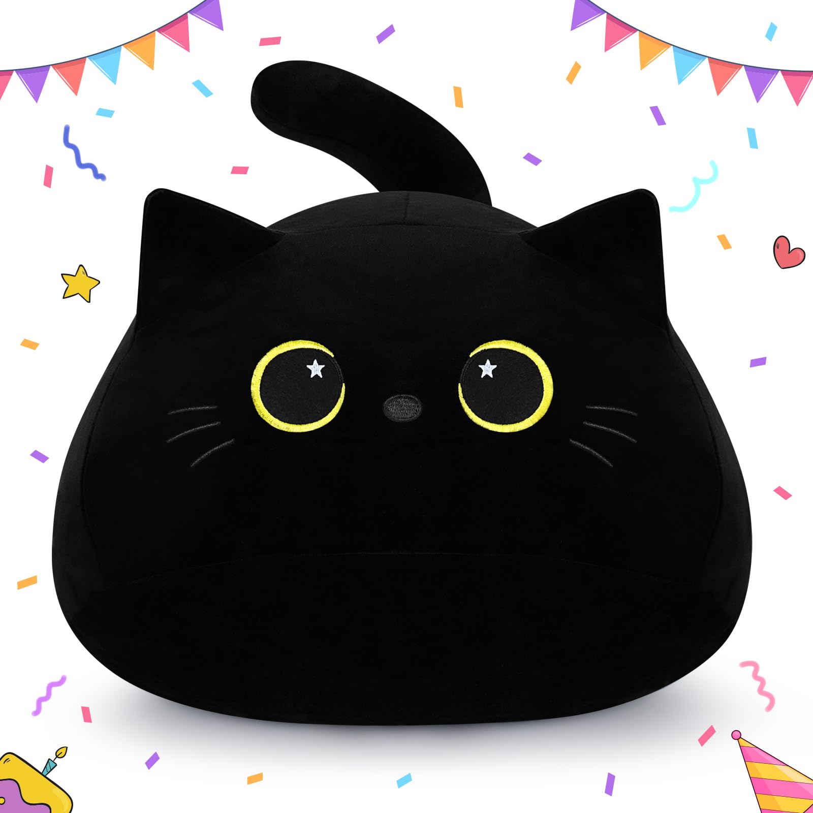 18.9 inch Giant Black Cat Plush Pillow Stuffed Animal Stuffed Cat Kawaii Plush Kitten Soft Toy Hugging Pillow Animal Plushie Kitten Cushion Doll Cuddly Toys Present for Unisex (Gold)