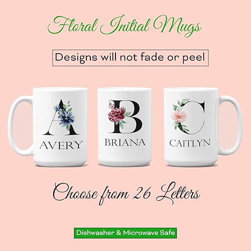 Miniatura 3 de Personalized Mug with Floral Inital and Name, Letters A-Z | Coffee Mug for Bridesmaid Gift, Teachers Gift, Girls Trip Gift, Favors & More