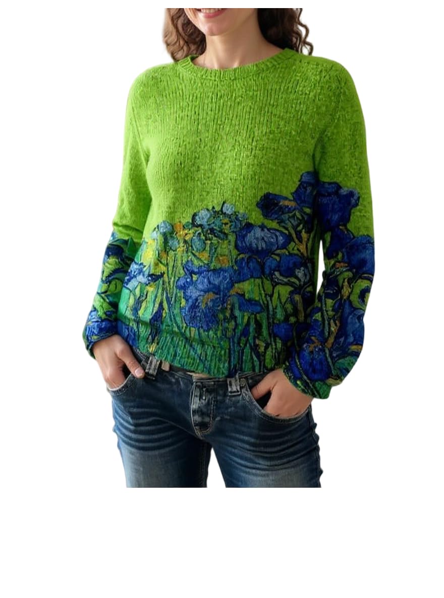 Womens Floral Print Crewneck Long Sleeve Sweater Loose Fit Ribbed Knit Casual Daily Fashion Pullover Tops for Women