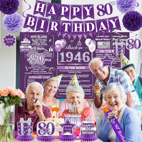 Image of Crenics Purple 80th Birthday Decorations for Women - Back in 1946 Backdrop, Banner, Swirls, Centerpieces, Sash, Paper Pom Poms, Cake Topper and Balloons for 80 Birthday Party Supplies