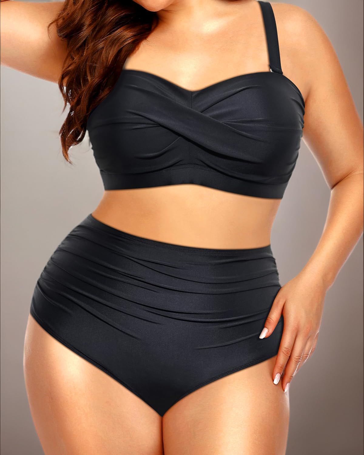 Yonique Zweiteiliger Damen-Badeanzug, Übergröße, hohe Taille, Bandeau-Bikini, Bauchweg-Badeanzug