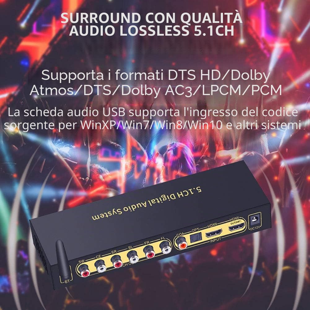 RSGK Decodificatore Audio 5.1, Convertitore Digitale-analogico, Disco U HDMI Bluetooth 5.0 Fibra Ottica Arc Coassiale, Supporto Lettore Blu-Ray PS Computer Set-Top Box E Altri Dispositivi Sorgente