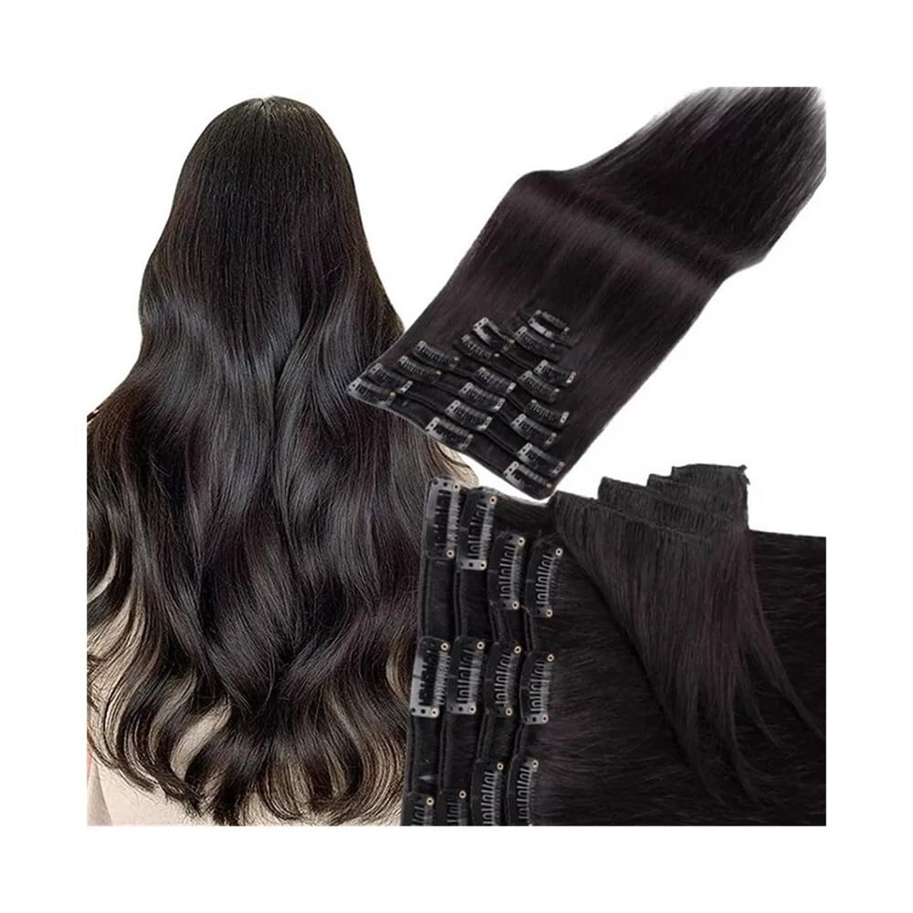Postiches pour femmes Extensions de cheveux humains à clipser sans couture, lisses, 120 g/lot Postiche chignon décoiffé(1B Natural Black,26inches)