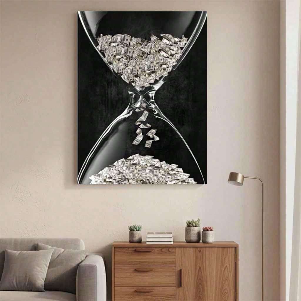 Cuadro decorativo de pared con diseño de reloj de arena y dinero, lienzo con la frase "El tiempo es dinero", pintura con billetes de dólar, lámina motivacional sobre la riqueza (40x50cm/con marco).