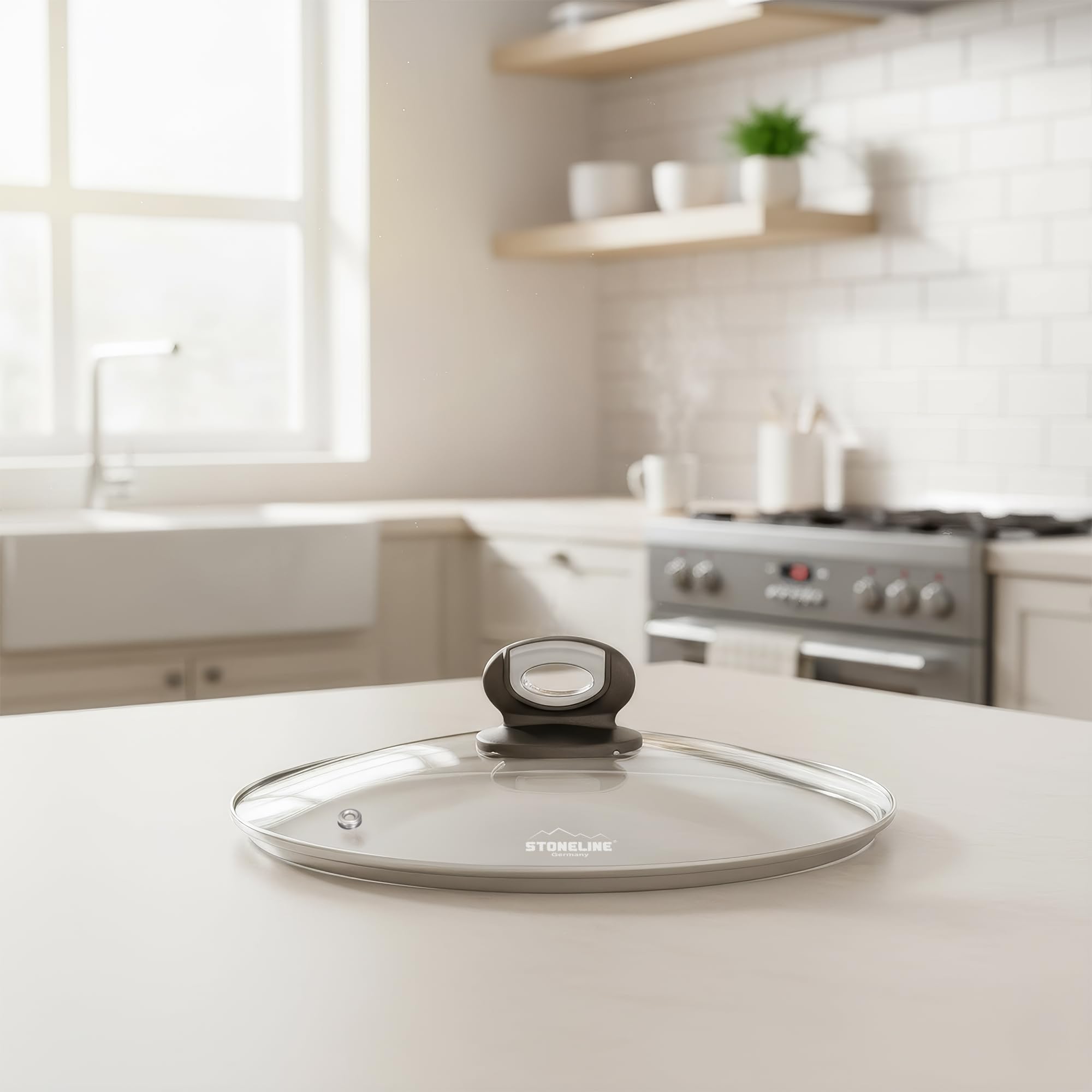 STONELINE GOURMUNDO Tapa para Cacerola Olla Sartén 30 cm Tapa de Cristal con Borde de Acero Inoxidable, Tapa Redonda con Válvula de Salida, Tapa Universal Recambio Tapadera Accesorio Cocina