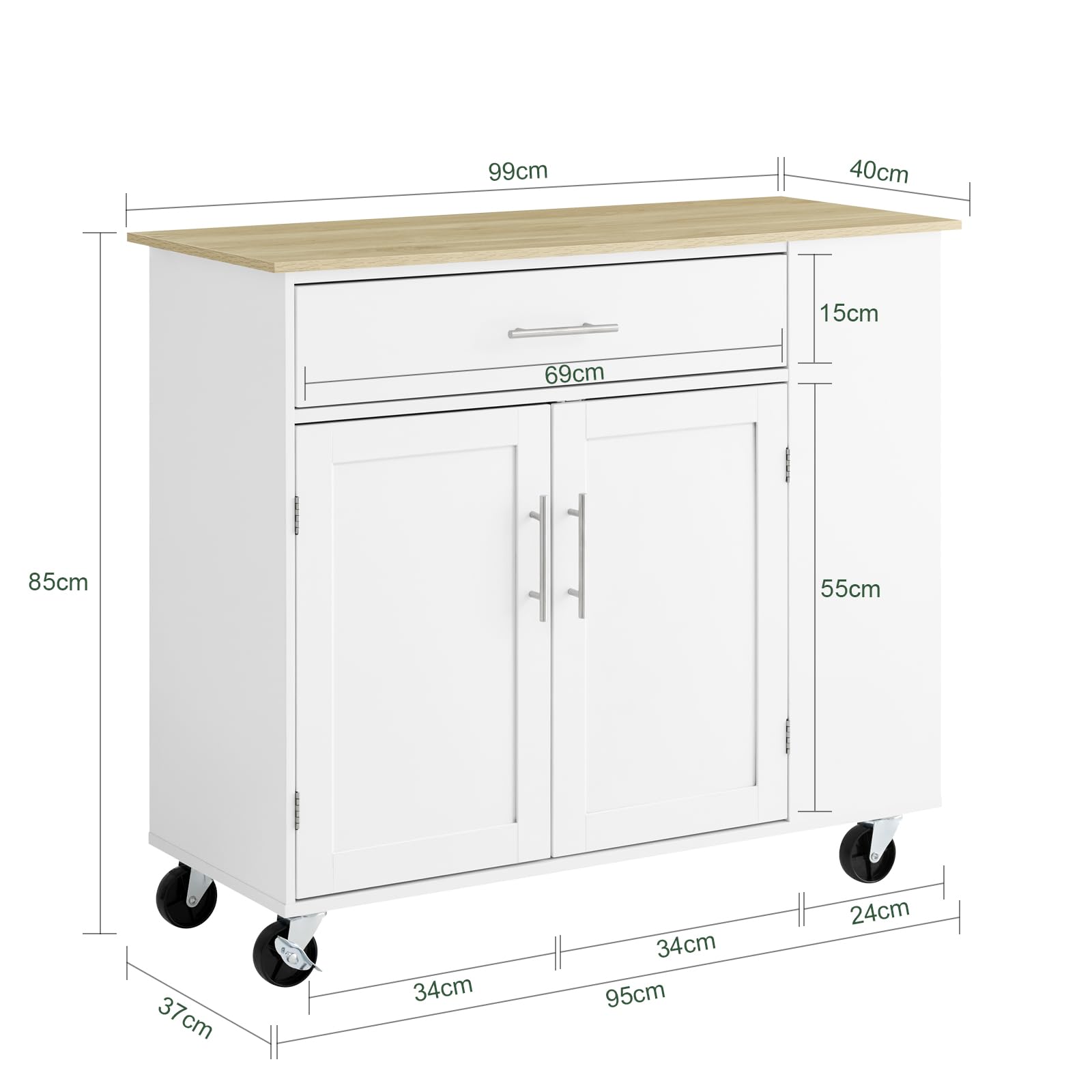 SoBuy Kücheninsel mit Arbeitsplatte, Küchenwagen mit Rollen, robuster Stauraum mit Edelstahl-Details, ideal als Servierwagen für Kaffeebar & Grillparty, für Kochliebhaber Weiß 99x85x40 cm FKW133-WN