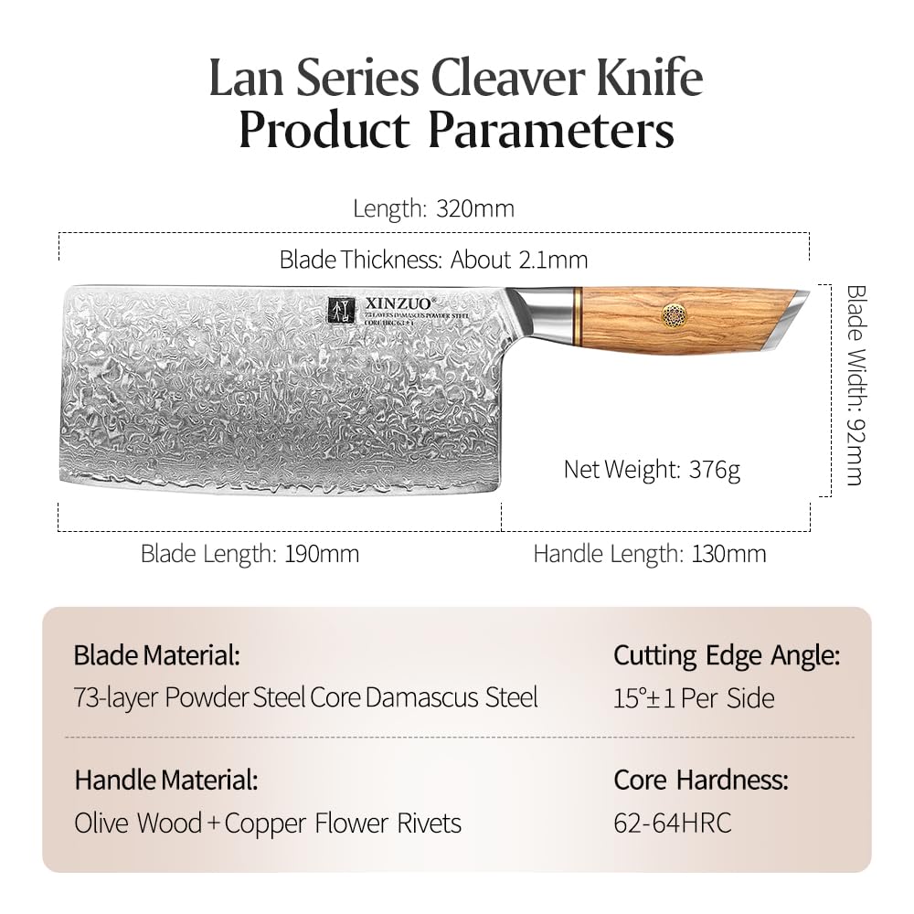XINZUO Cleaver Knife 7.5 Inch, 73 Layer Damascus Steel Powder Steel Core Chinese Chef's Knife, Multifunction Vegetable Meat Slicing Knife with Olive Wood Handle -Lan Series — Amazon image 5