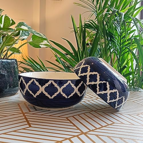 Image of Niyara Ceramic Printed Bowl Set of 2 | Premium Serving Bowls for Snacks, Soup & Desserts | Microwave & Dishwasher Safe (Blue Delta Bowl)