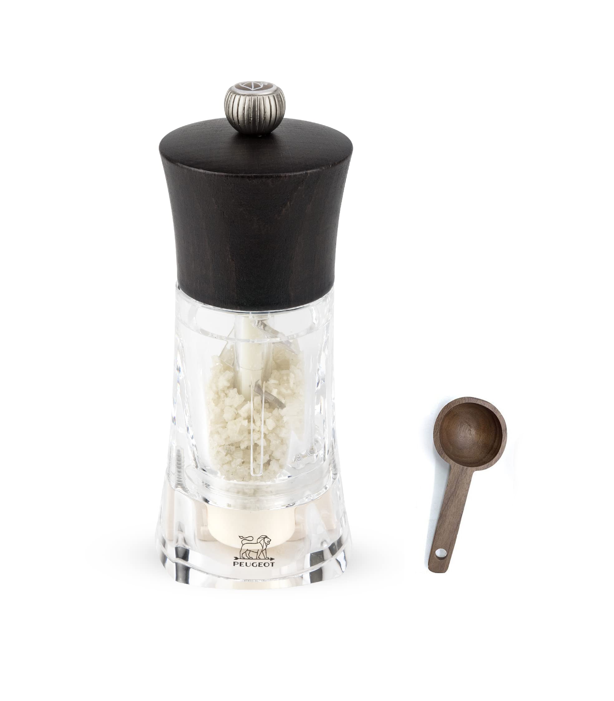 Peugeot - Oleron Manual Mill Wet Sea Salt Mill - Transparent Adjustable Grinder - Acrylic and Beechwood, Chocolate, 5.5 Inches - With Wooden Spice Scoop Spoon