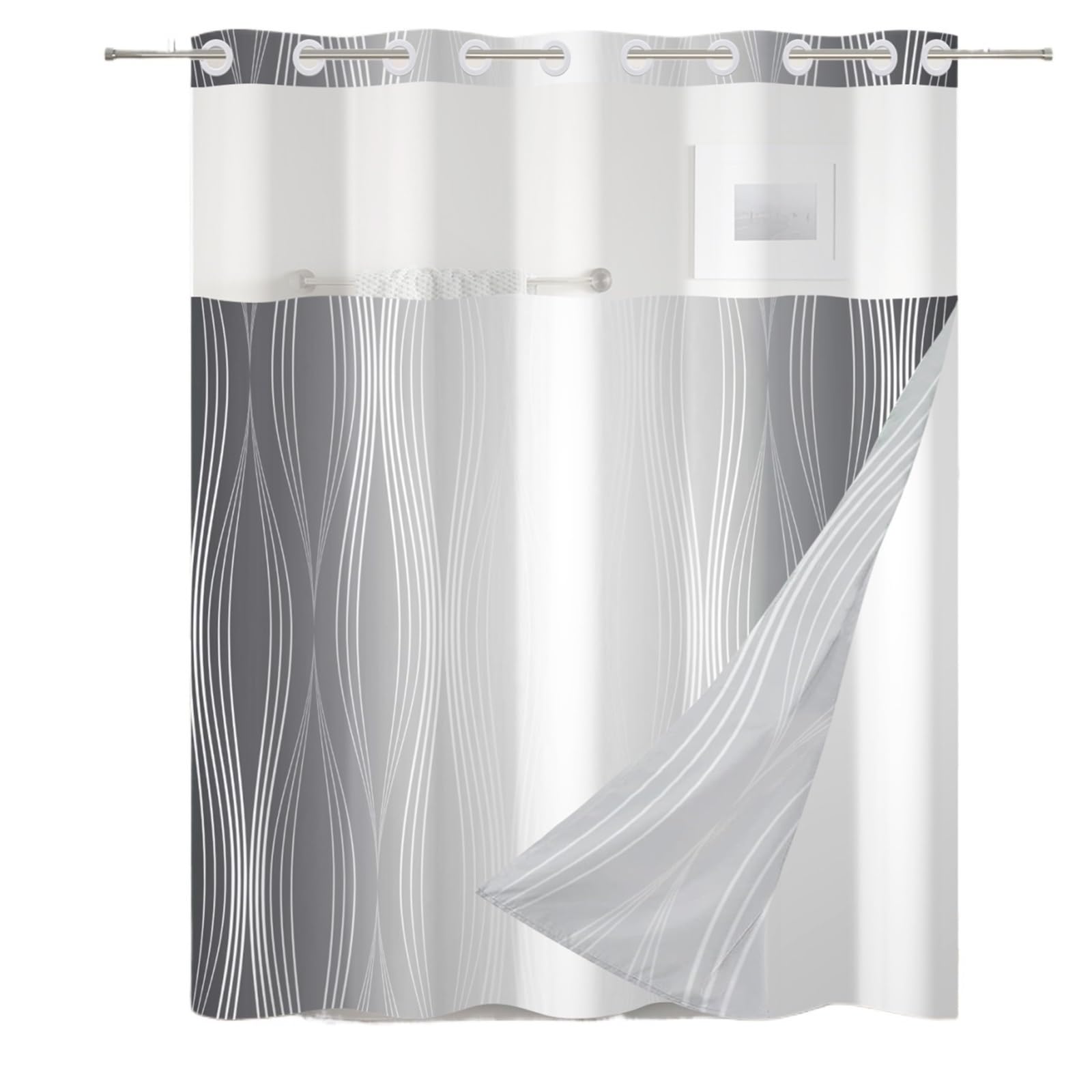 MZSKLW Shower Curtain Solid Color Gradient Shower Curtain Striped Hookless Double Layer With Snap In Removable Liner For Bathroom Bathtubs