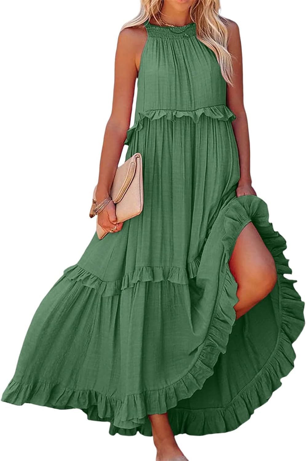 Thicc Women's Green Flowy Ruffle Tiered Maxi Dress - Summer Boho Sleeveless Halter Tie Back Loose Fit Beach Long Swing Dresses Smocked Sundress For Cocktail Formal Wedding Guest (Xl,)