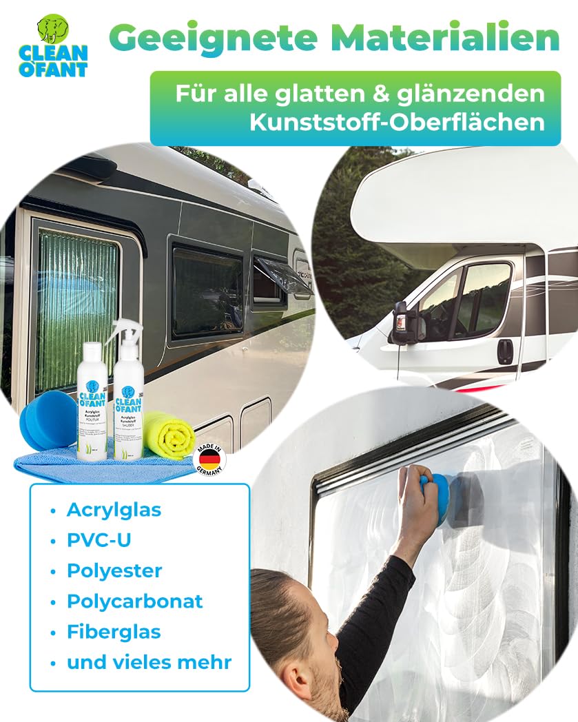 CLEANOFANT Acrílico Plexiglás Pulido & Set de Limpiador - para Kunststoff-Fenster + Lichtkuppeln De Caravana Autocaravana Menaje del Hogar