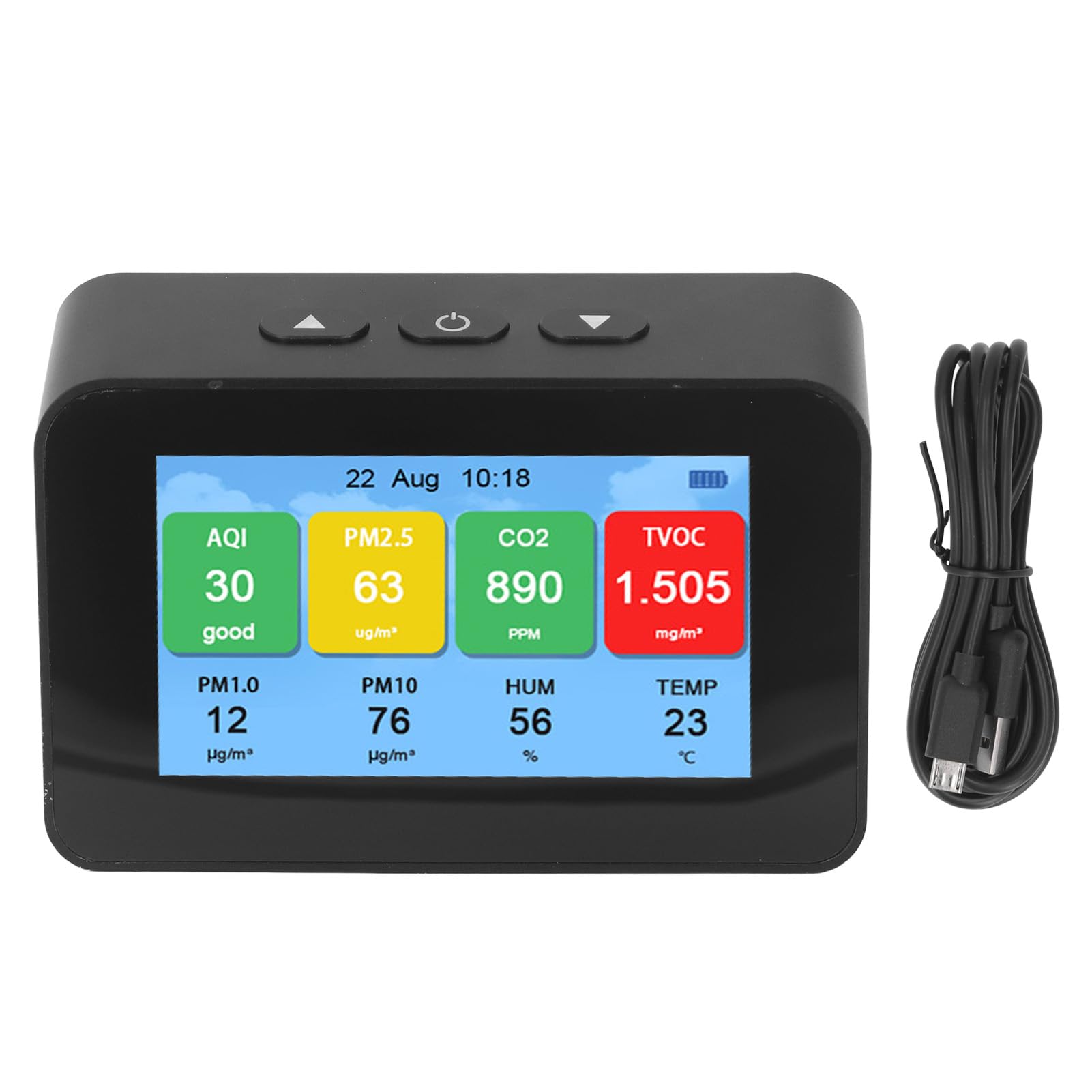 Hyuduo Monitor de Calidad del Aire, Detector LCD CO2 PM2.5 PM1.0 PM10 con Pantalla de Tiempo, Probador de Calidad del Aire Recargable Micro USB 3000 MAh para Uso en Interiores y Oficinas en el Hogar