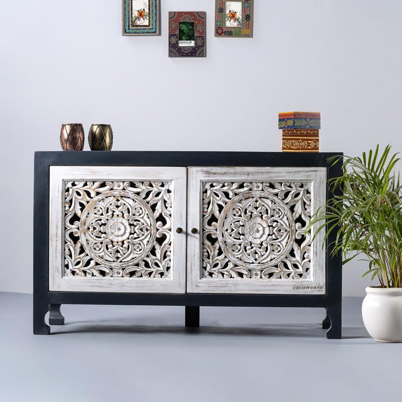 Image of Yepa Wooden Sideboard Cabinet for Living Room | Handcrafted Solid Wood Storage Cabinet with Carved Doors | Crockery Cabinet for Home | Crockery Furniture for Home (White and Grey)
