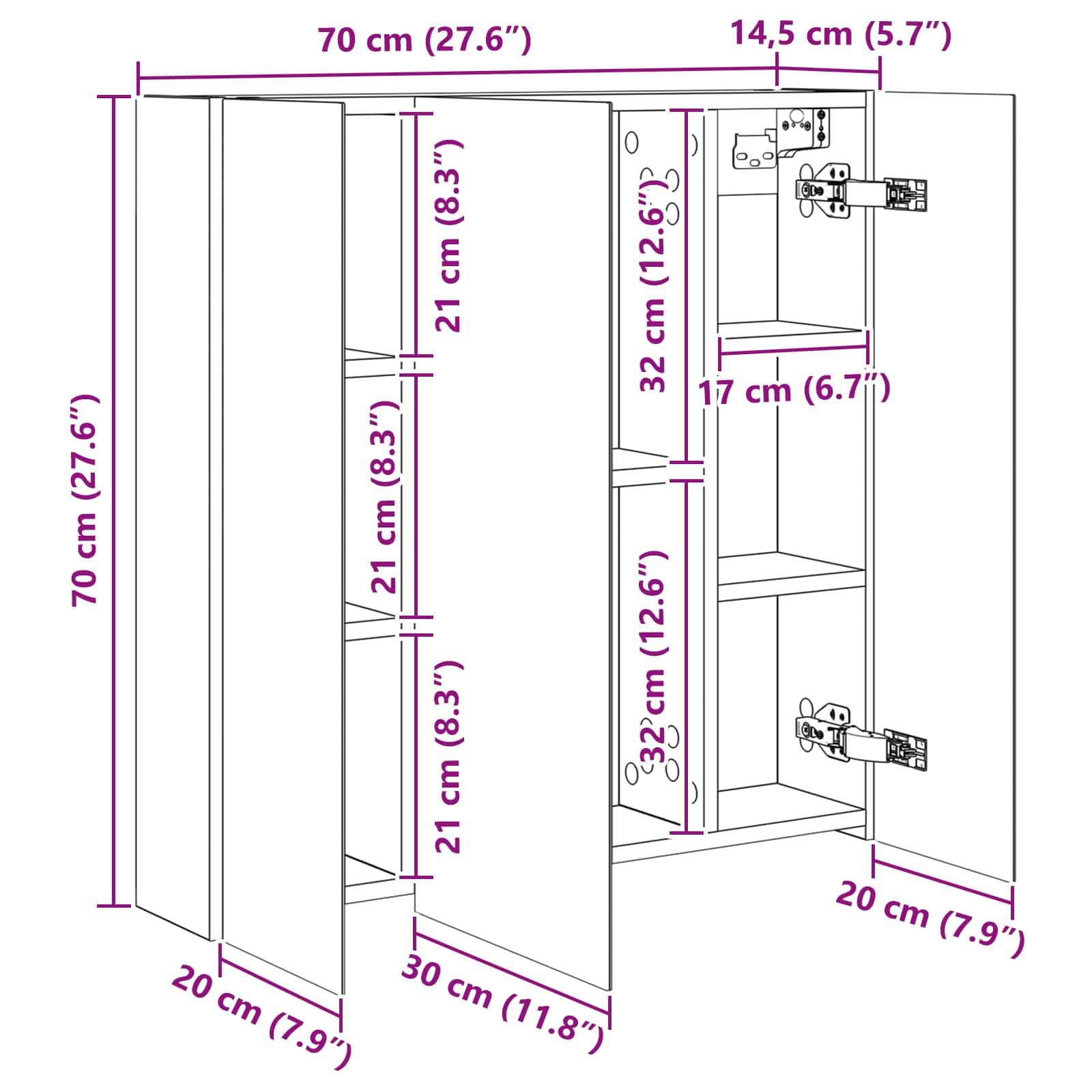 Szafka łazienkowa z lustrem w kolorze czarnym o wyglądzie dębu z dwustronnym lustrem 70 x 14,5 x 70 cm, montaż na ścianie, schowek z regałem, idealna na umywalkę