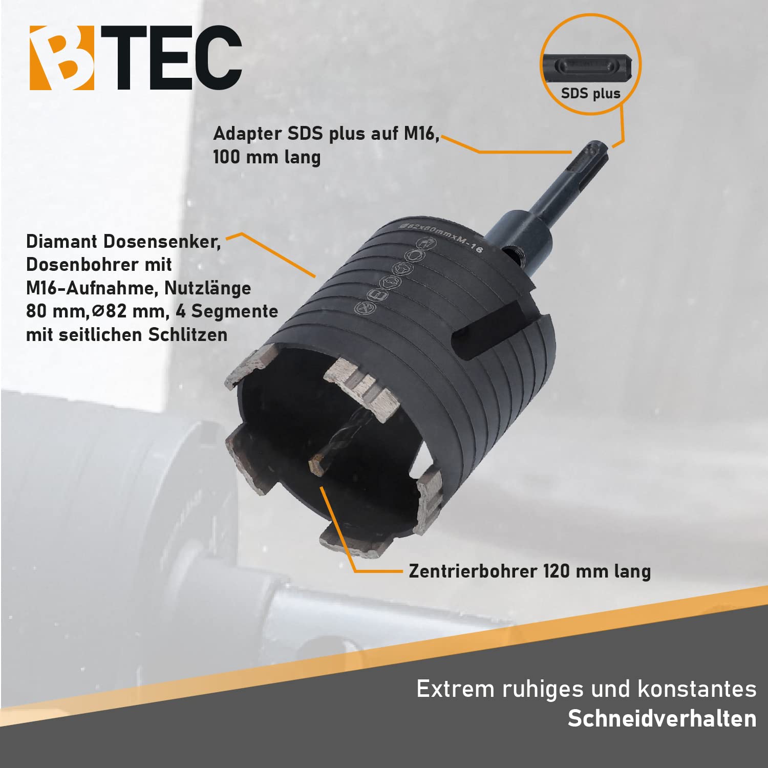 BTEC – Diamant Dosensenker 82 mm mit M16-Aufnahme + 80 mm Nutzlänge – Dosenbohrer für Mauerwerk, Kalksandstein, Ziegel, Poroton, Putz uvm. – Diamant Bohrkrone inkl. Zentrierbohrer + SDS-Plus Adapter