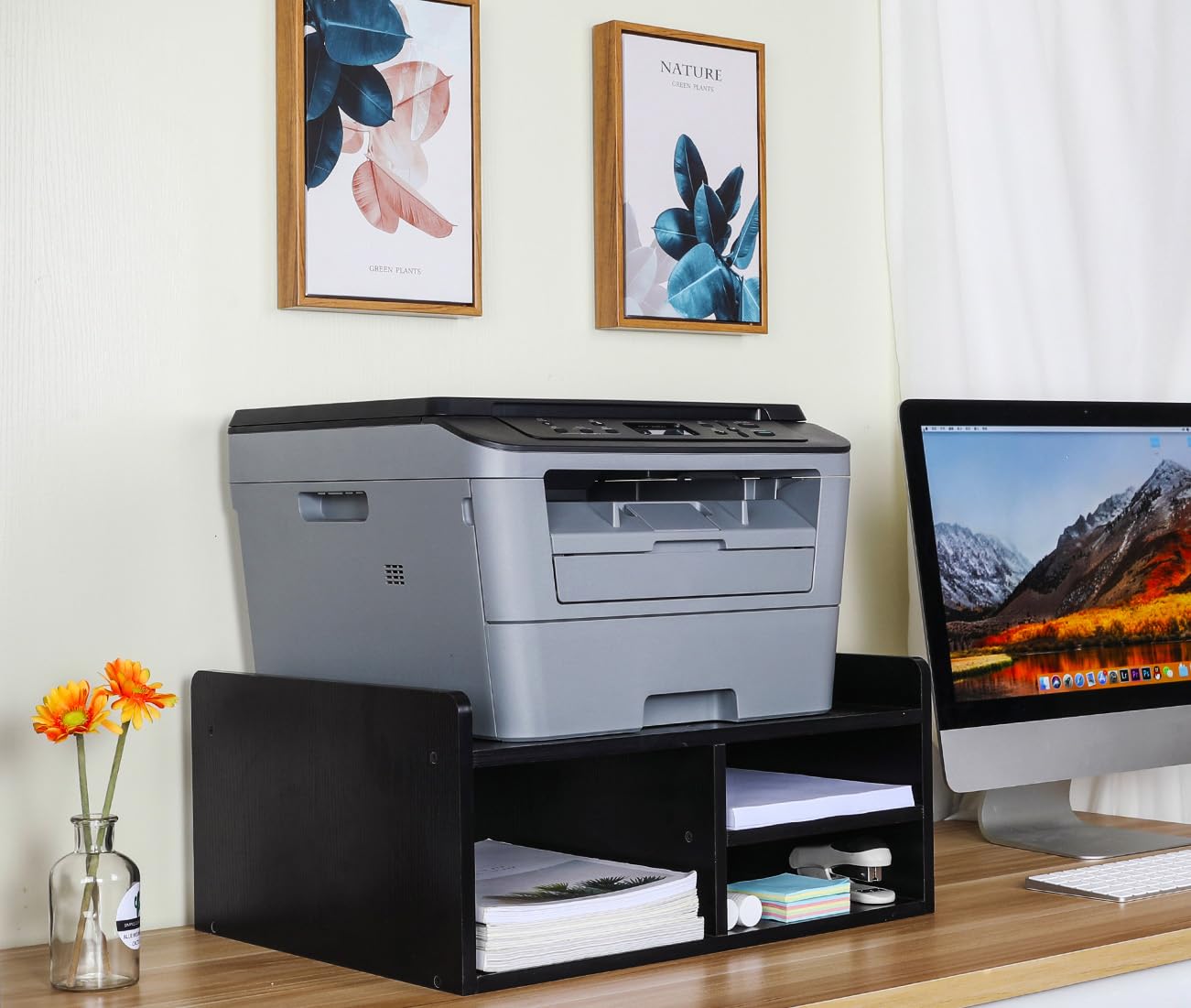 EasyPAG 4 Compartimentos Madera Soporte Impresora Escritorio Estantería Oficina Organizador Papeles A4 Estante Impresora Mesa Almacenamiento para Fax,Negro