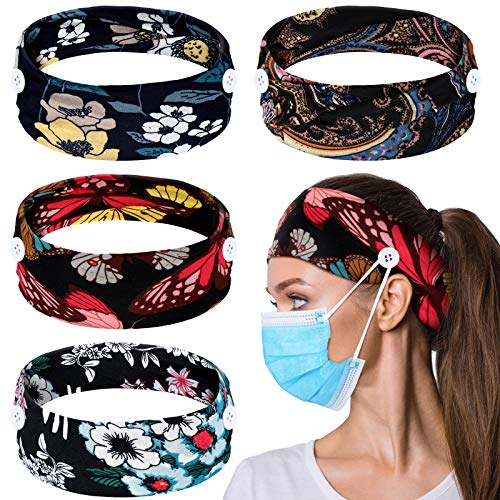 4 Pieces Tie-Dye Cotton Button Headbands Elastic Yoga Sports Hairbands Ear Protection Holder Hair Band Headwraps for Women (Colorful Pattern)