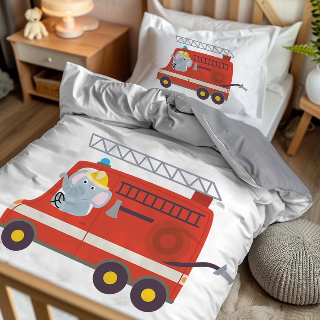 Juego de cama infantil de 2 piezas, funda nórdica de 100 x 135 + funda de almohada de 40 x 60, diseño autobomba/reverso de algodón gris - microfibra y algodón Oeko-TEX - cremallera - cama