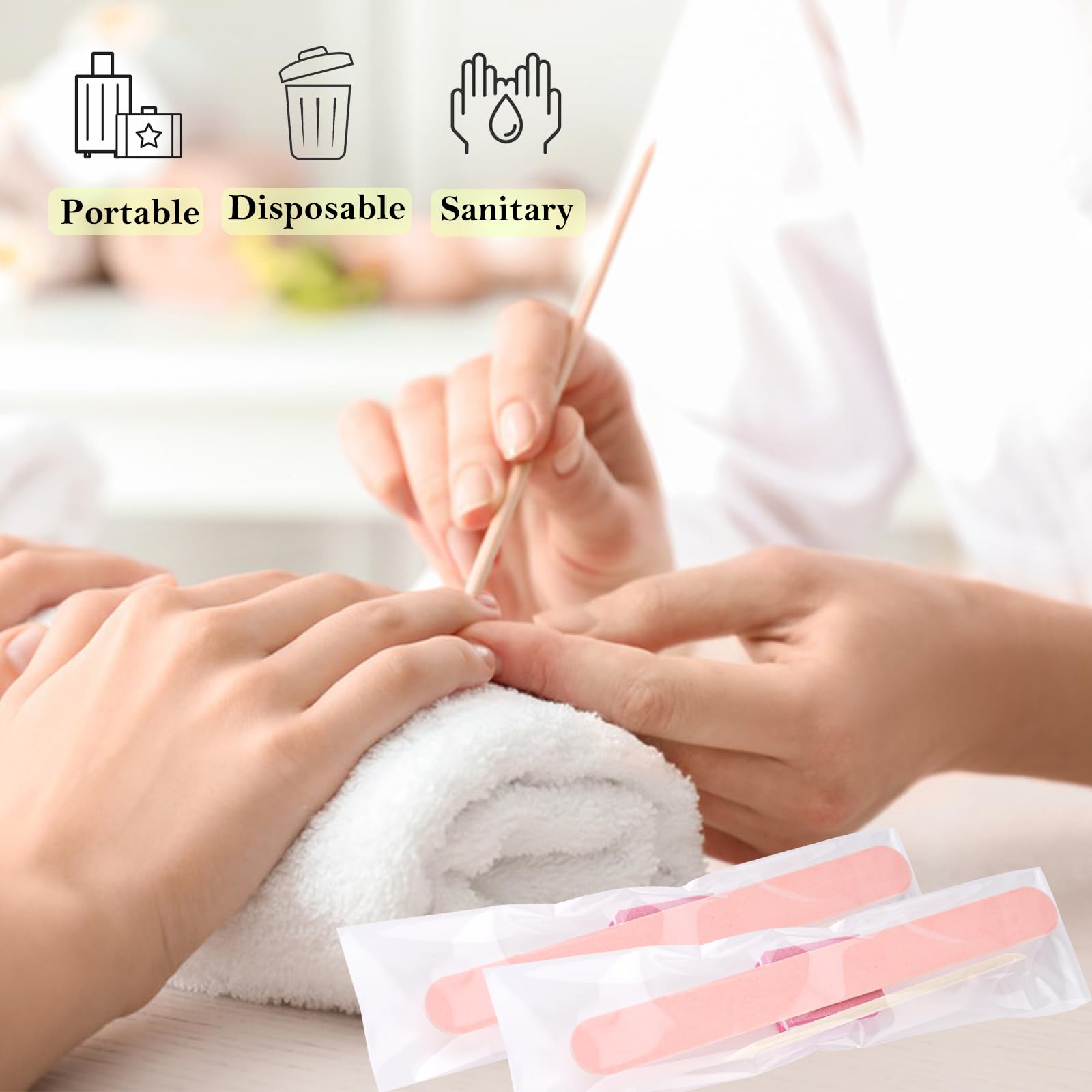 Kit de Manucure Jetable 50 pièces - Comprend : 50 Limes à Ongles, 50 Polissoirs Miniatures, 50 Bâtonnets en Bois, 50 Sachets OPP + Kit d'Accessoires pour Ongles Pressés - Salon & Maison (Rose)