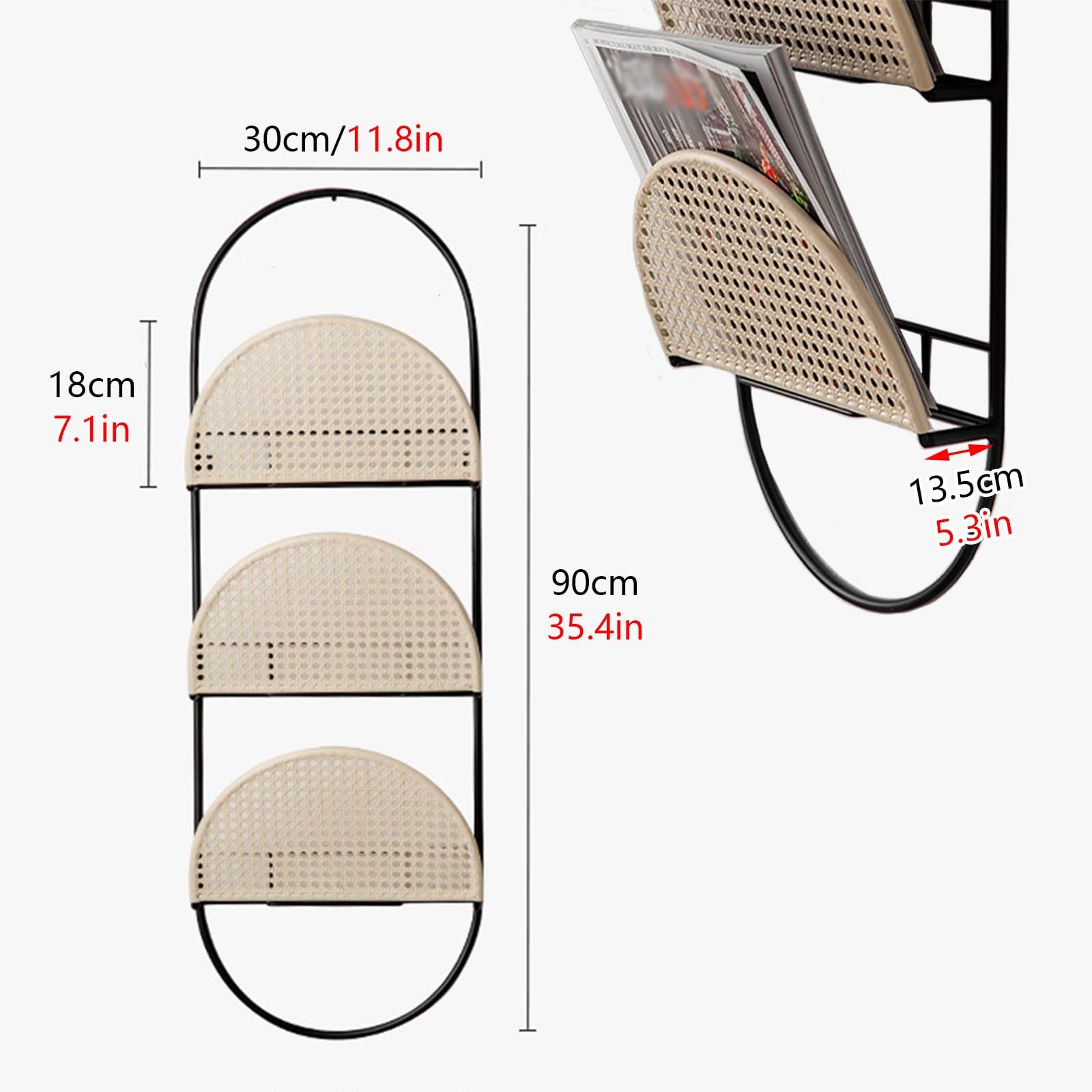 Porta riviste da Parete in Metallo, Porta brochure con griglia in Rattan Aperta, Porta giornali, Organizer per riporre Libri, libreria sospesa per Ingresso e Ufficio