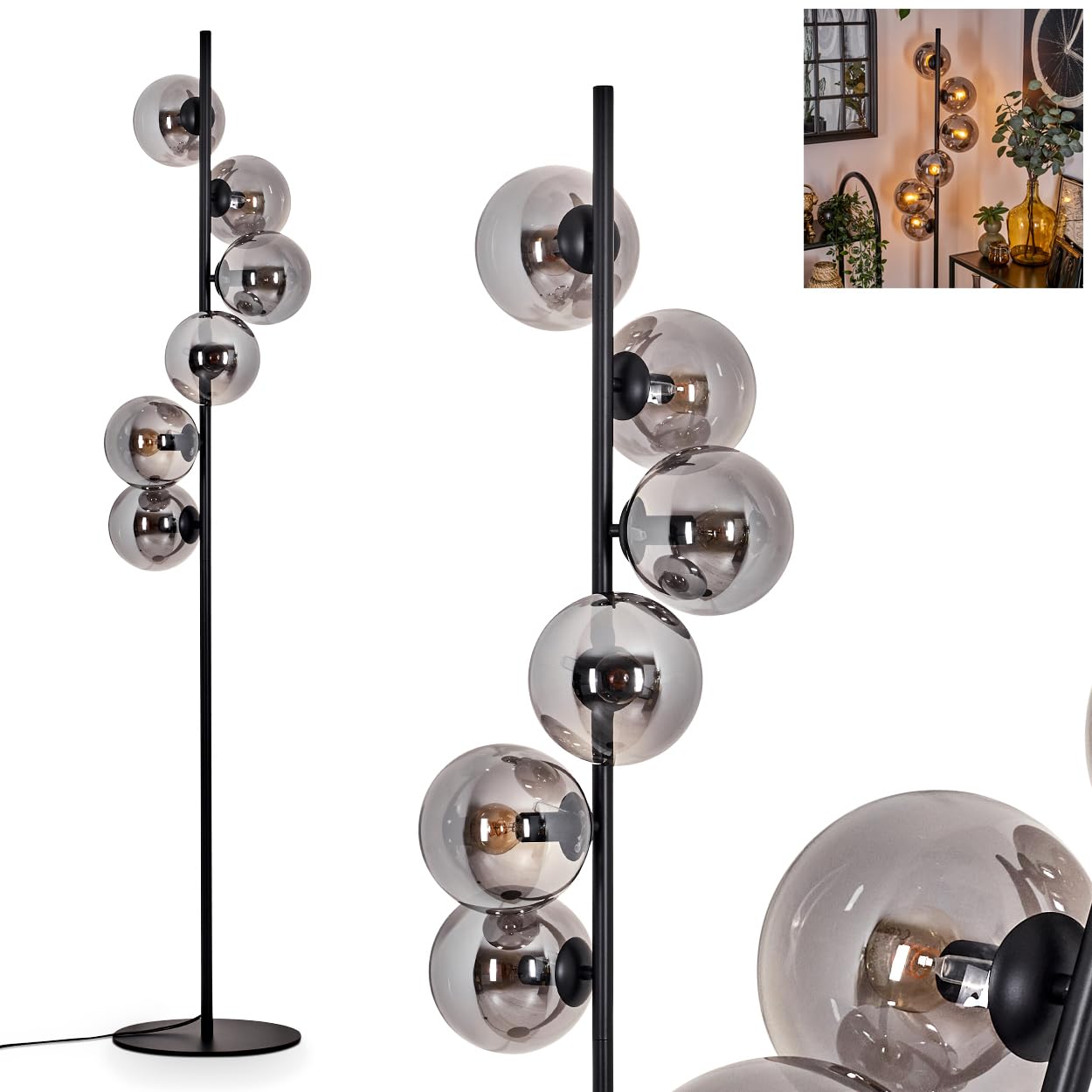 Stehleuchte Gastor, Stehlampe aus Metall/Glas in Schwarz/Rauchfarben, Leuchte im modernen Retro/Vintage-Design mit Schirmen aus Glas (Ø 15 cm) u. Fußschalter, Höhe 160 cm, 6 x E14, ohne Leuchtmittel