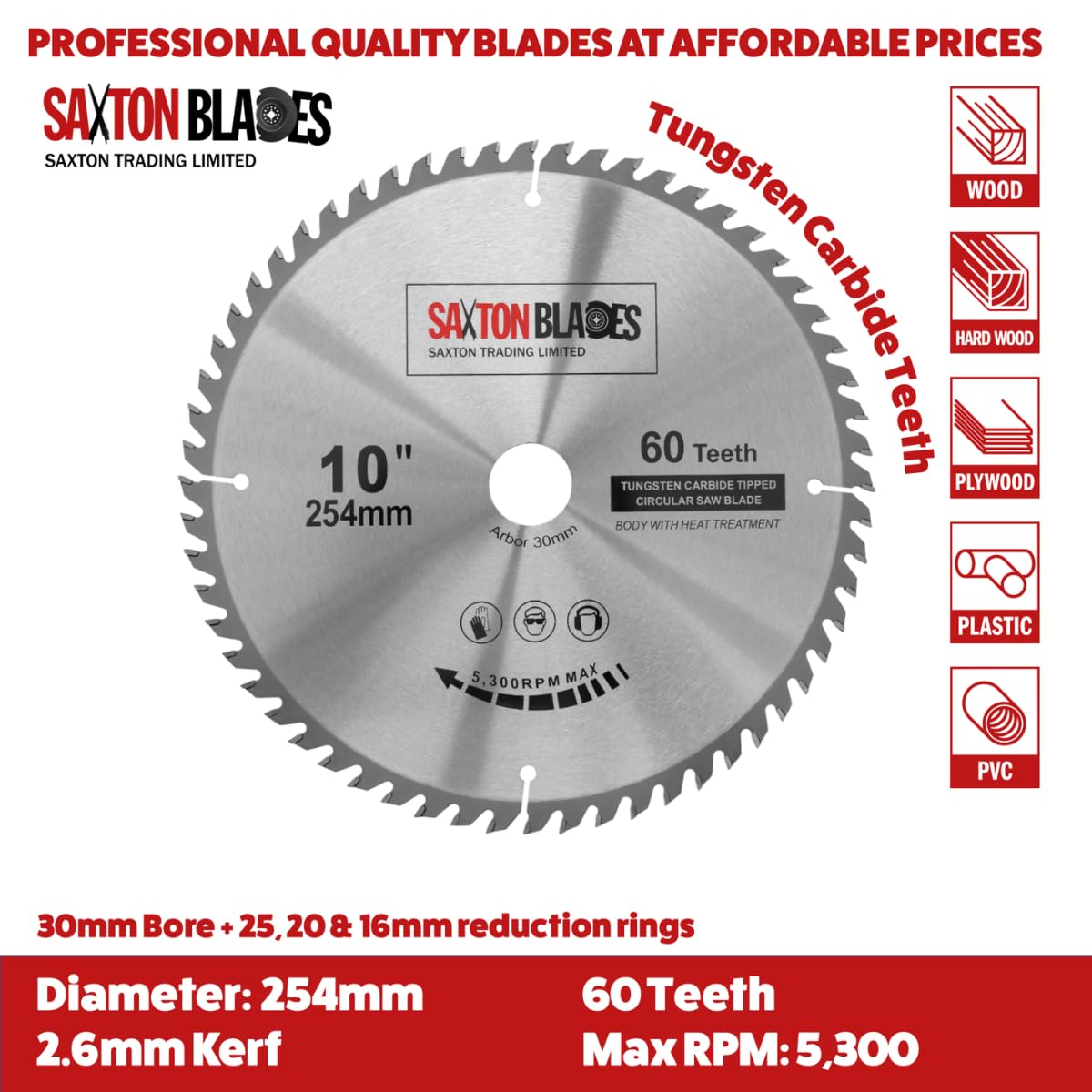 Saxton TCT254MXB - Set di 2 lame per sega circolare Saxton TCT per legno, 254 mm, confezione B, per Bosch, Makita, DeWalt