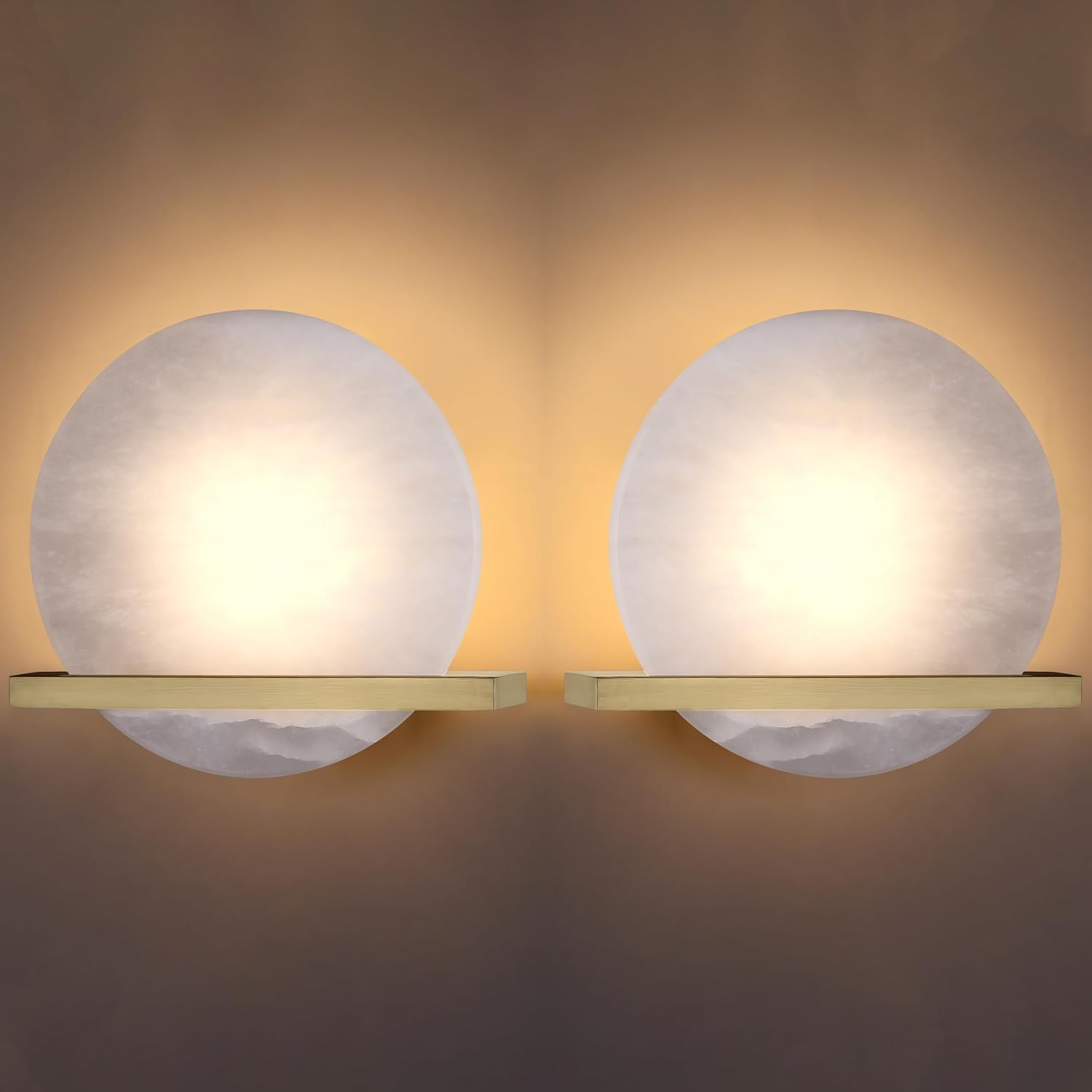 2 Pack 1 Light 8" Round Natural Alabaster Bathroom Wall Sconce Modern Concise Style Wall Light Fixture, Gold Finish for Bedroom Hallway Bedside Living Room