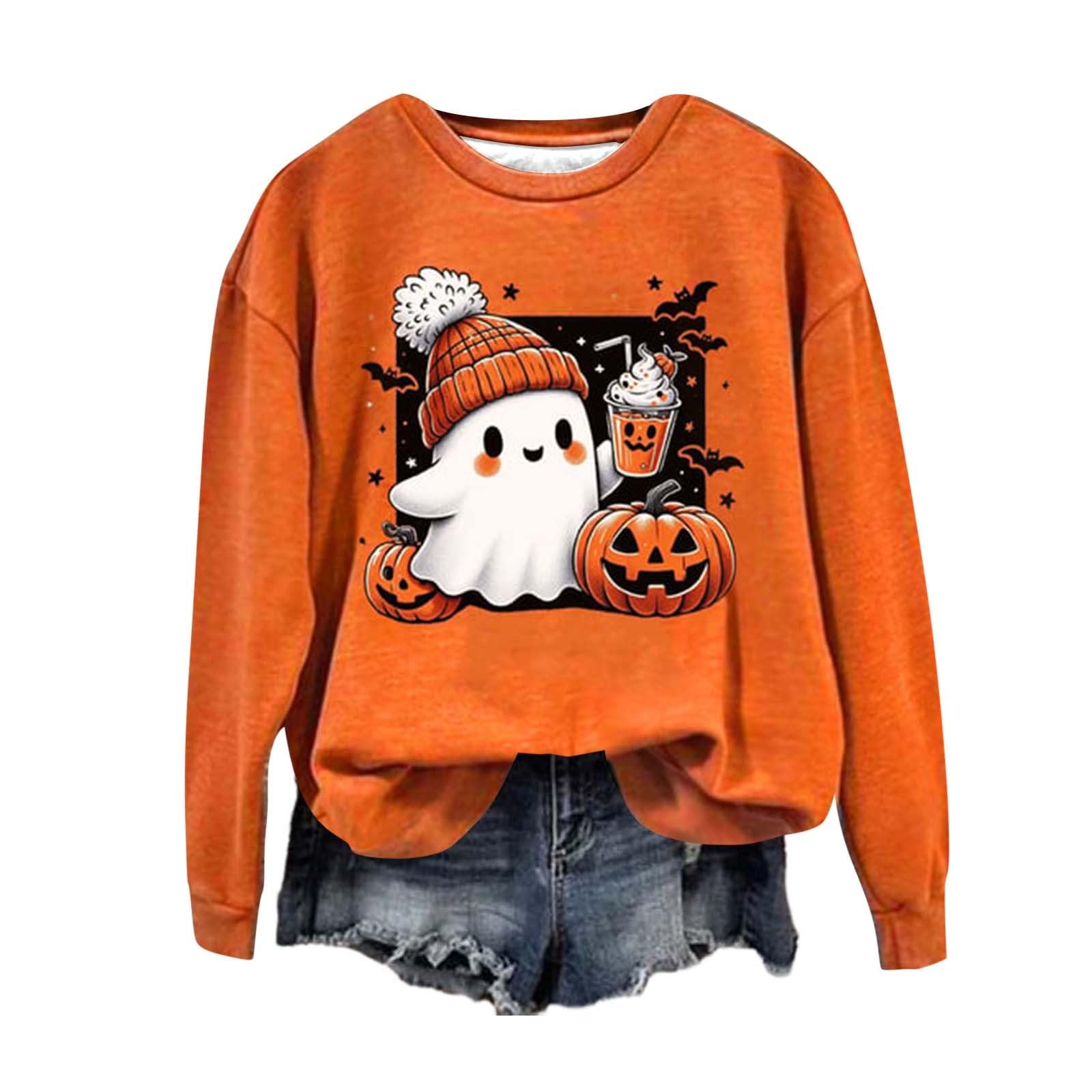 GenericHalloween Sweatshirt For Women Cute Ghost Pumpkin Print Long Sleeve Pullover Tops Crew Neck Long Sleeve Blouse Shirts Casual Loose Fit Hoodless Jumper Fashion Fall Warm Tee Sweatshirts